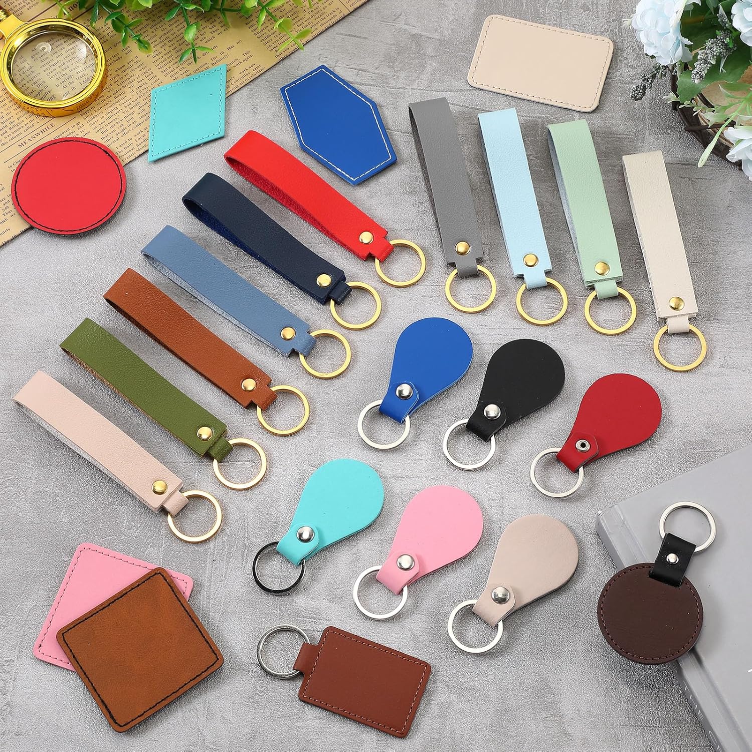 Ecation 150 Pcs Lasable Engravable Blanks 60 Leather Hat Patches 90 PU Leather Key Fob Kit Laser Blanks Keychain for DIY Custom Laser Engraving Craft Gifts Sublimation Hat Jacket Backpack (Colorful)