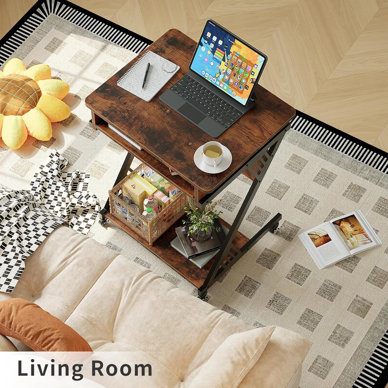 ALISENED Computer Desk for Small Spaces, 23.6" Z-Shaped Compact Study Table with Smooth Keyboard Tray with Wheels and Bottom Shelves for Home Office, Computer Cart Mobile Laptop Cart, Rustic Brown