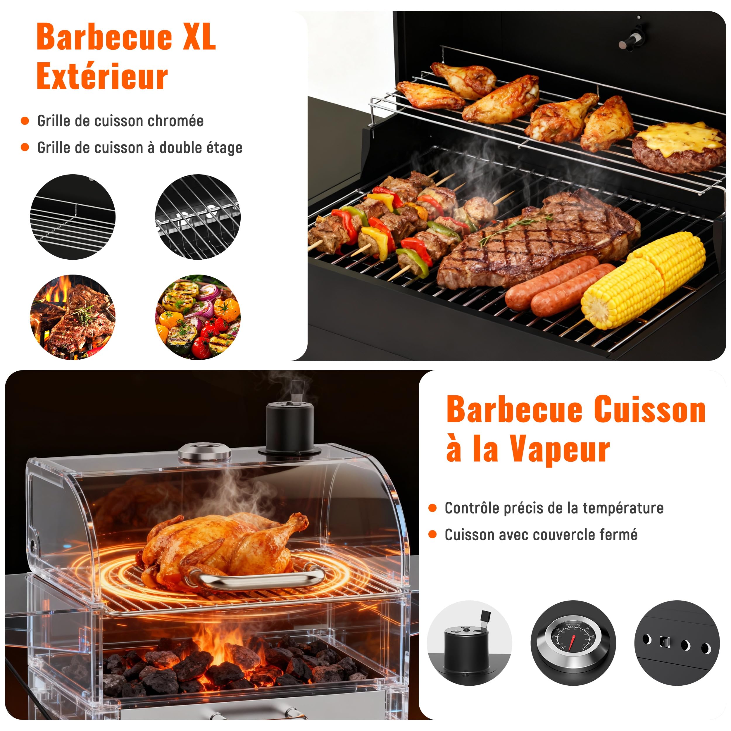 Barbecue Charbon de Bois XXL avec Couvercle - Grand Barbecue Charbon à Chariot, 2 Tables Latérales et Thermomètre - BBQ Fumoir Portable avec Roues pour Jardin, Camping et Fêtes en Extérieur