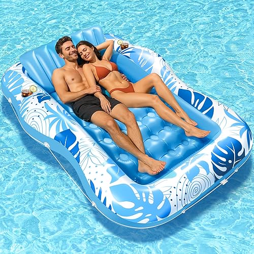 Tumbona de piscina bronceadora – Flotador inflable grande de 59 x 78.7 pulgadas para adultos, bañera de sol 2 en 1 y balsa de descanso con soportes