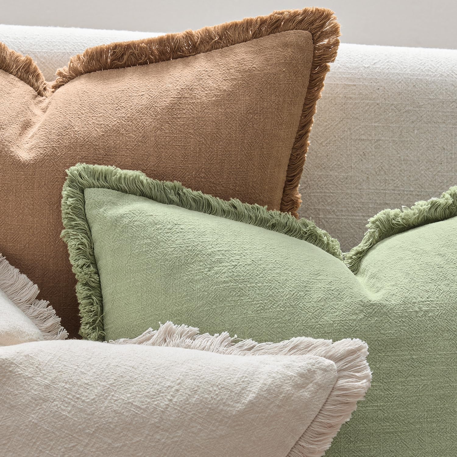 ANRODUO Set of 2 Decorative Throw Pillow Covers 24×24 Inch Soft Linen Fringe Farmhouse Boho Vintage Cushion Covers with Tassels Accent Pillowcase for Couch Sofa Bed Living Room Spring Decor Sage Green