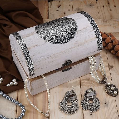 Miniatura 5 de Ajuny Joyero de madera con diseño de flor de mandala, baúl decorativo del tesoro de 9 x 6 pulgadas, pequeña caja organizadora de almacenamiento de