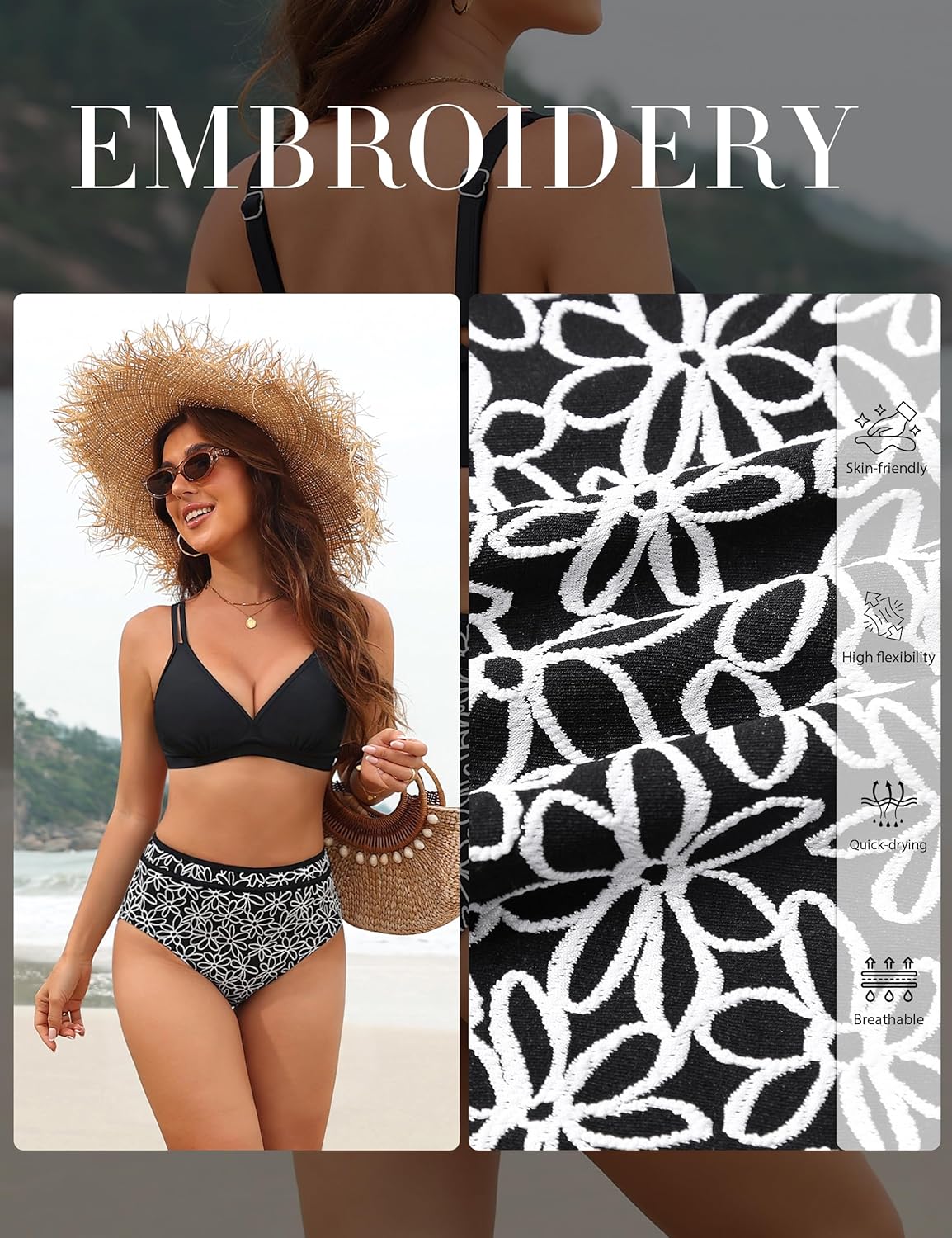 BMJL Womens High Waisted Bikini Set Tummy Control Bathing Suit Modest Embroidered Flowers Two Piece Swimsuit - Image 2