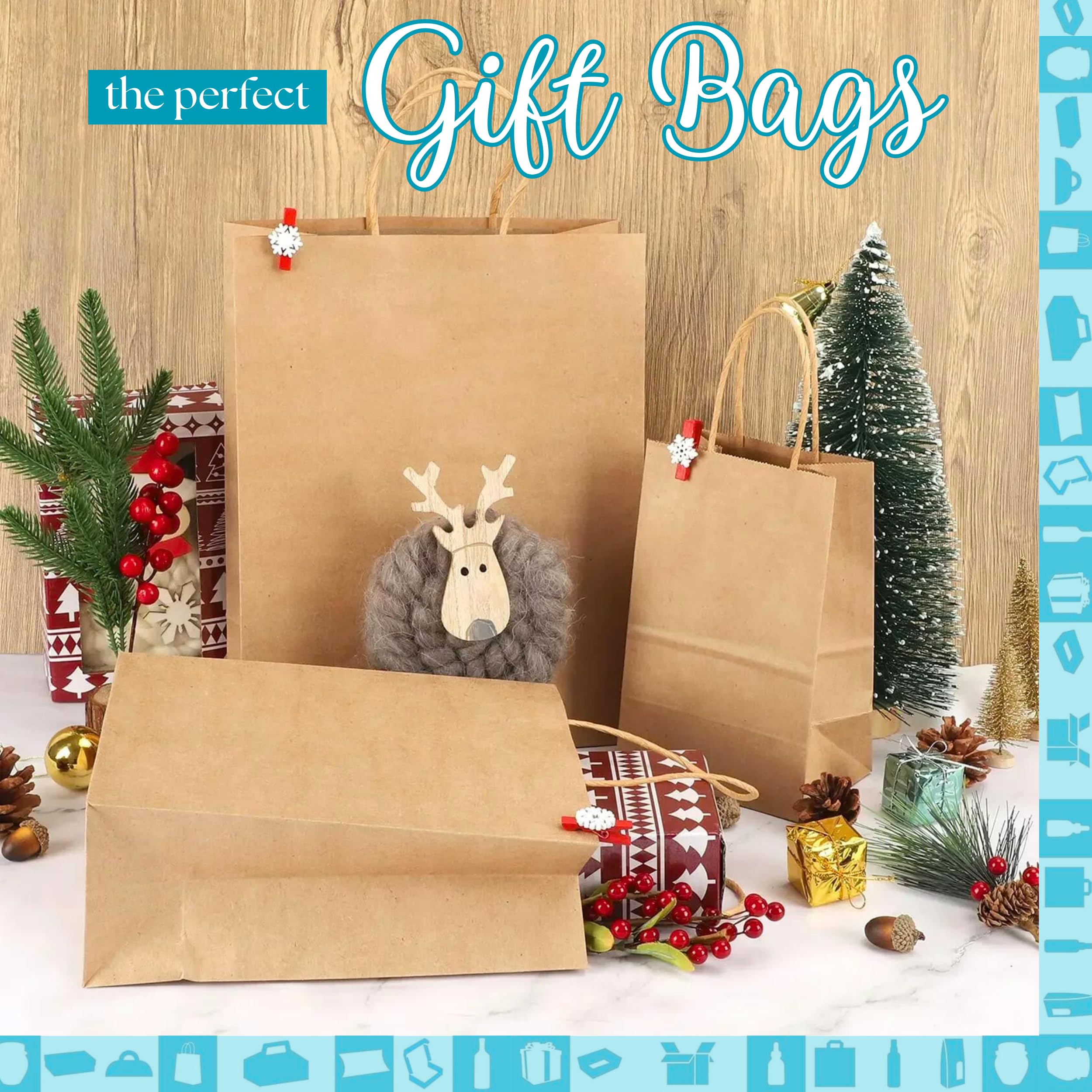 Lot 100 Sacs Papier Kraft Marron avec Anses 18x8x23cm - Sac pour Shopping Cadeaux Mariages