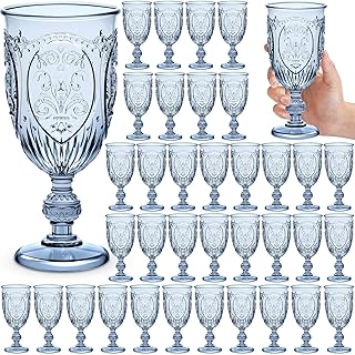 36 Pack Plastic Goblets 10oz Upgrade Vintage Water Goblet Plastic Wine Glasses Colored Retro Embossed Glassware for Party Wine Bar Juice Baby Shower Wedding Reception Grand (Blue)