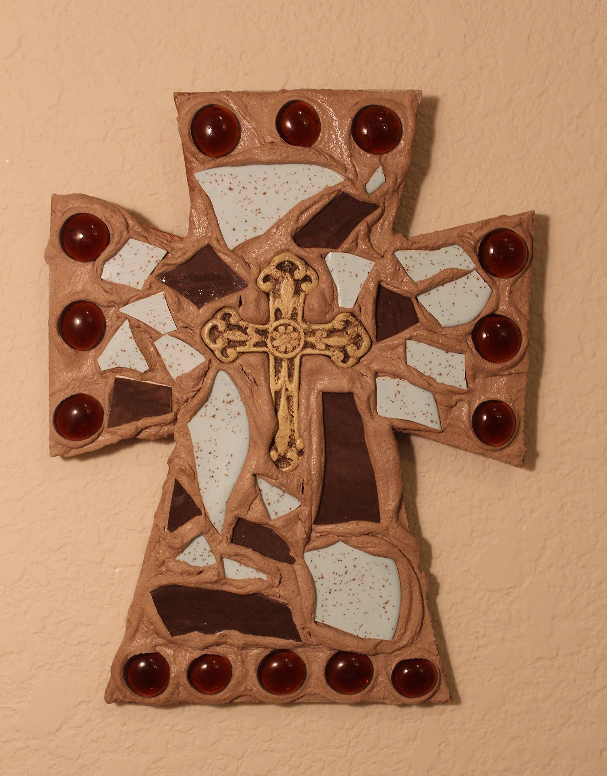 Mosaic Wall Cross Beautiful Handmade Blue and Brown Christian Home Décor, Item # S-501, 10 in. x 8 in, Handmade, OOAK