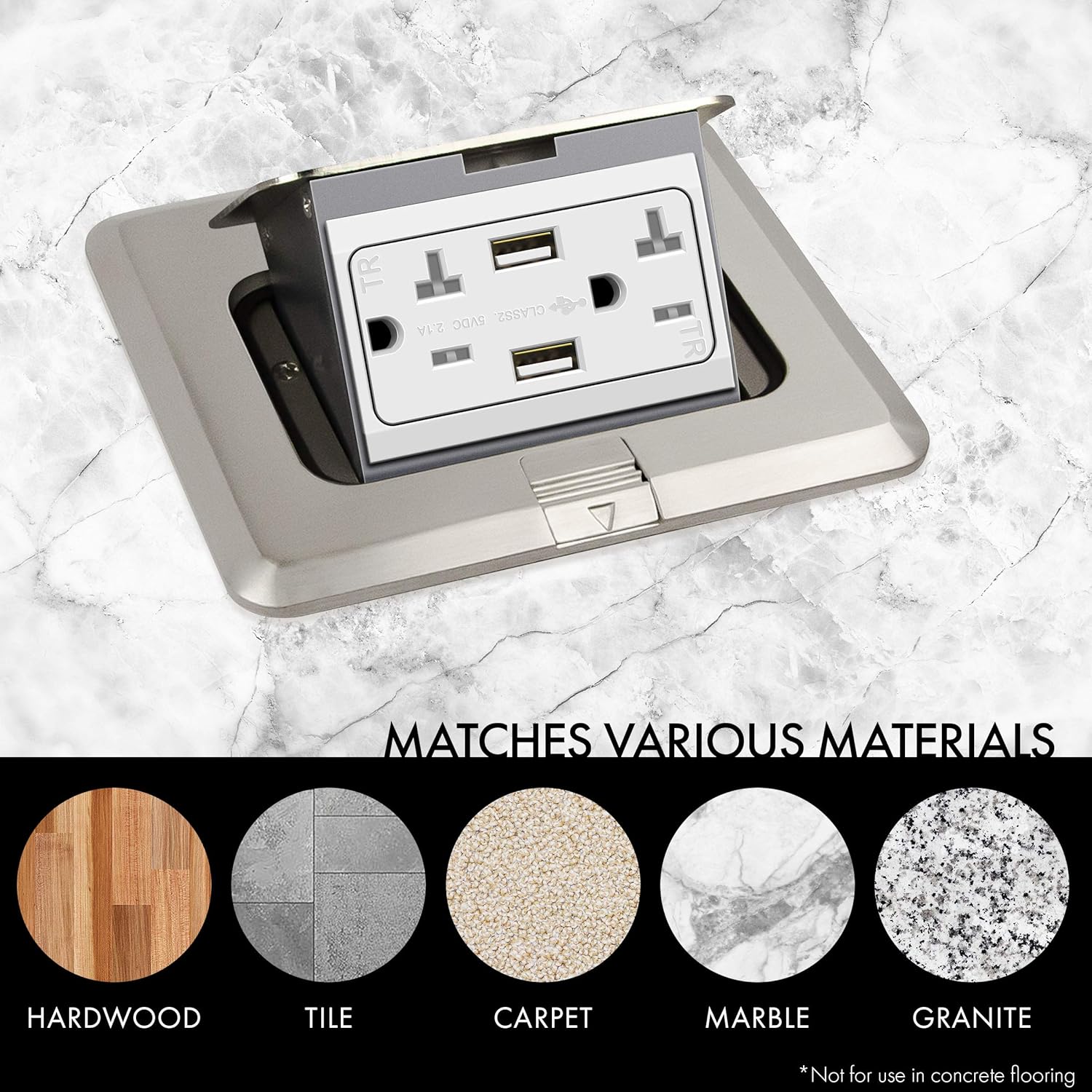 ENERLITES Pop-Up Square Floor Box Kit, 4.75” x 5.46”, 2.1A USB Charging, 20A Tamper-Resistant Receptacle, Watertight Gasket and Corrosive Resistant Hardware, 961243-S-USB