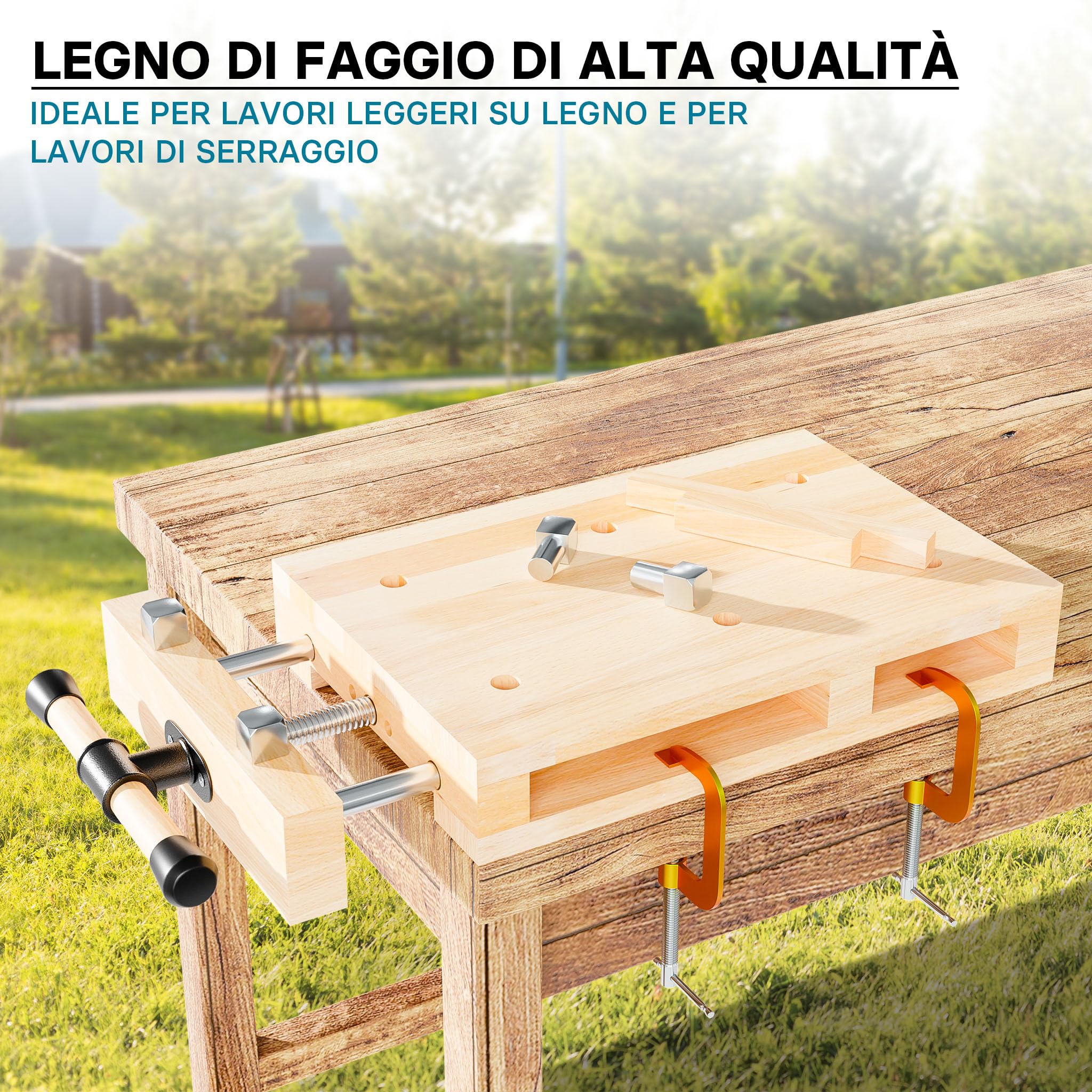 Wiltec Banco da lavoro portatile con morsa Mini tavolo di lavoro mobile in faggio con morsetti