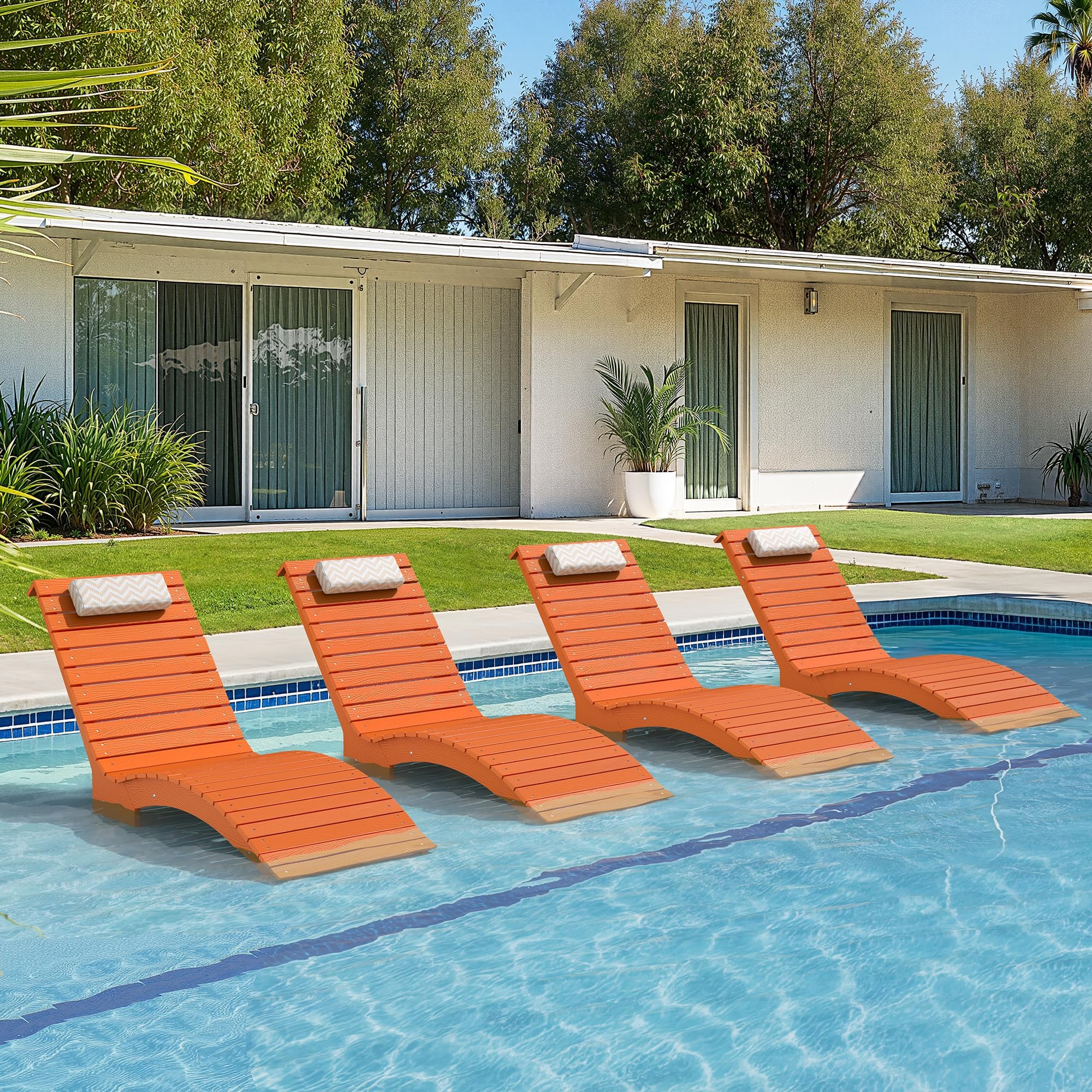 Pool Lounge Chairs Outdoor Set of 4，HDPS Long Pool Chairs for in Pools, Weighted All Weather Tanning Chair with Headrest，Chaise Lounge for Outside Beach Patio Sun Bathing Hotel, Orange