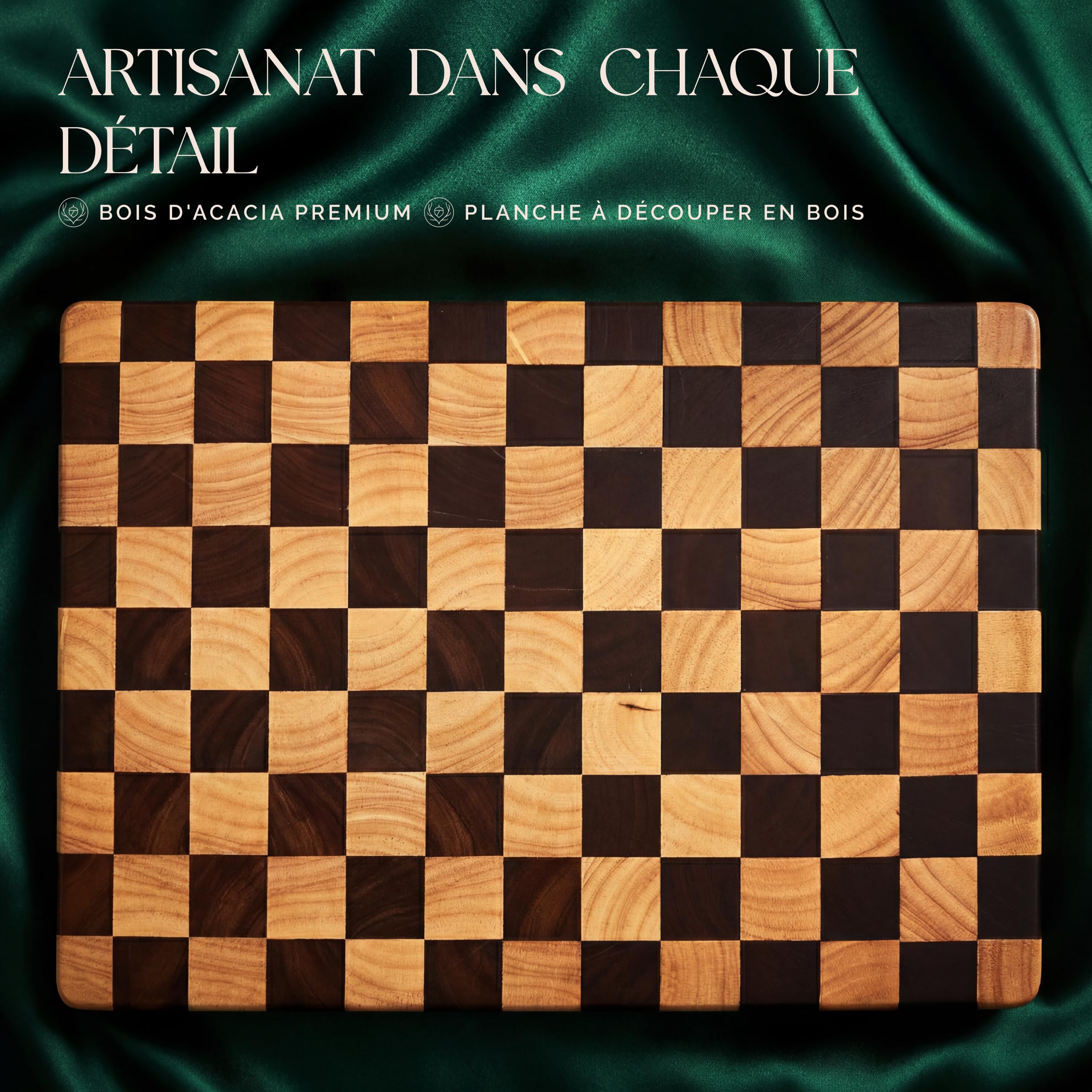 Deer & Oak Planche à Découper en Acacia Bois de Bout Motif Échiquier & Huile Alimentaire – 45 x 31 x 3,5 cm, Bloc Boucher FSC Pré-Huilé avec Poignées, Planche Apéritif