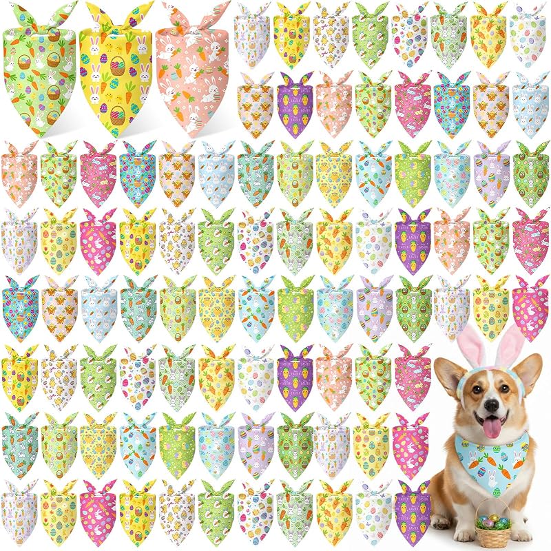 Bandanas de Páscoa para Cães em Poliéster com Estampas de Coelhos, Ovos e Cenouras Abbylike, 100 Unidades