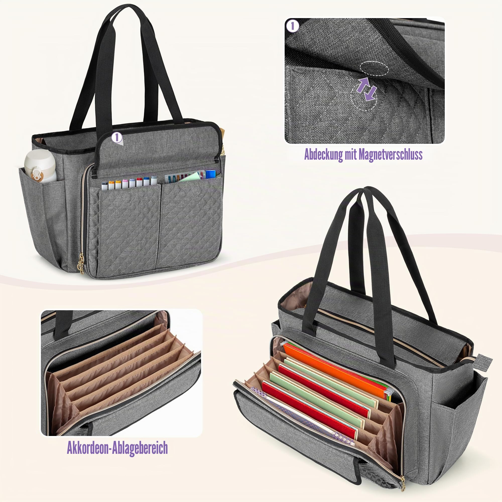Luxja Lehrertasche mit Akkordeon-Aktenbereich und Laptophülle, Lehrer-Tragetasche für Damen (zum Patent angemeldet), Grau