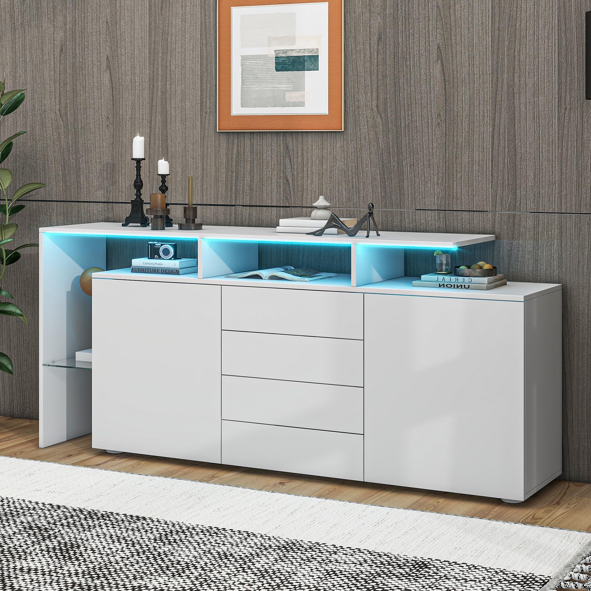 Credenza Soggiorno Moderno Lucida, Credenza Cucina Bianca con LED, Mobile Soggiorno Contenitore Buffet Cucina Salvaspazio con 2 Ante e 4 Cassetti, con Divisori in Vetro, Bianco, 160x35x70cm