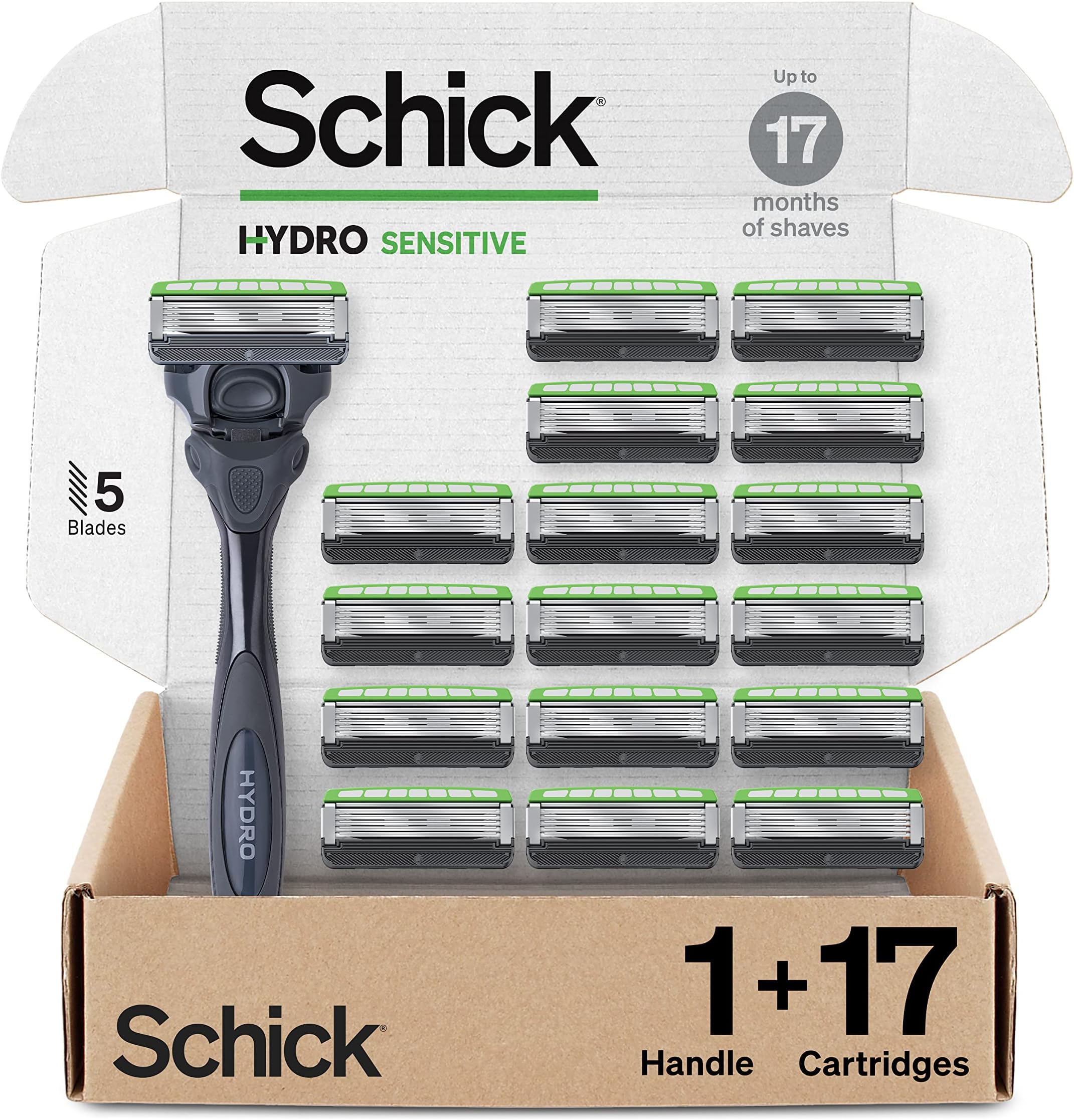 Hydro Sensitive Razors for Men | 5-Blade Mens Razors for Shaving, 1 Mens Razor Handle with 17 Razor Blades Refills