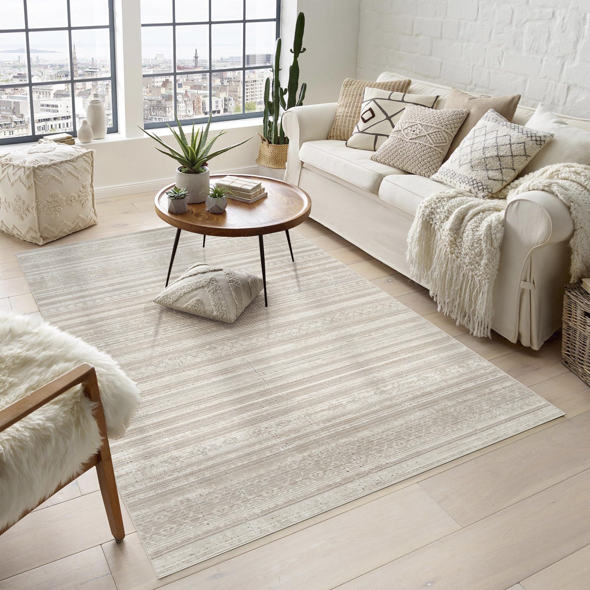 Rugs by Desire Maia Washable Living Room Area Rug – Soft Polypropylene Weaving, Low Pile, Non Slip Cotton Backing for Elegant Indoor Spaces, Beige, 200 x 300 cm (Rectangular)