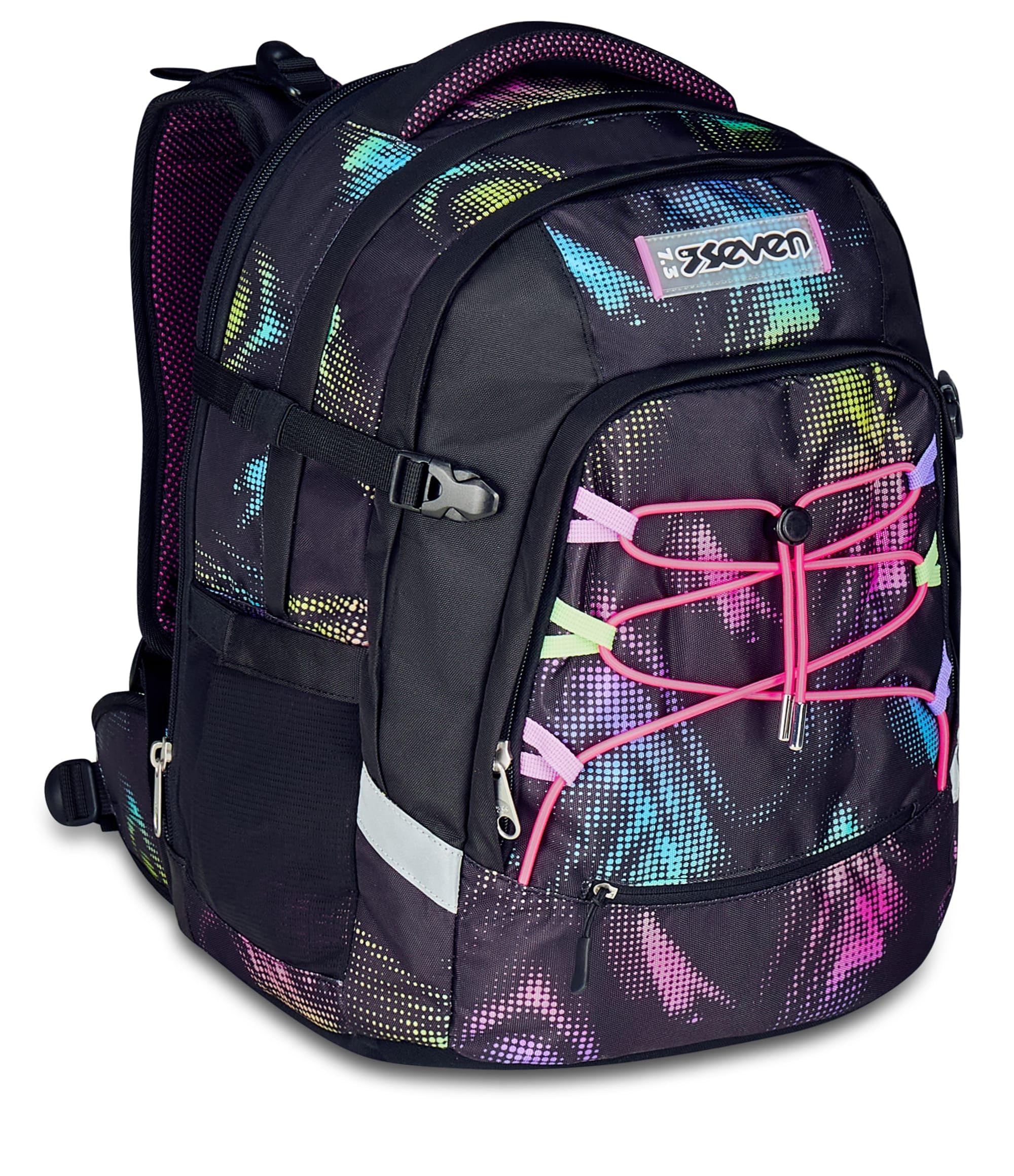 Seven Zaino Scuola Ergonomico Updown Twice, Nero Fucsia, Con Schienale e Spallacci Regolabili, Organizzazione Interna, Tasca Borraccia, 27 L, Zaino Scuola Elementare e Media, Bambina