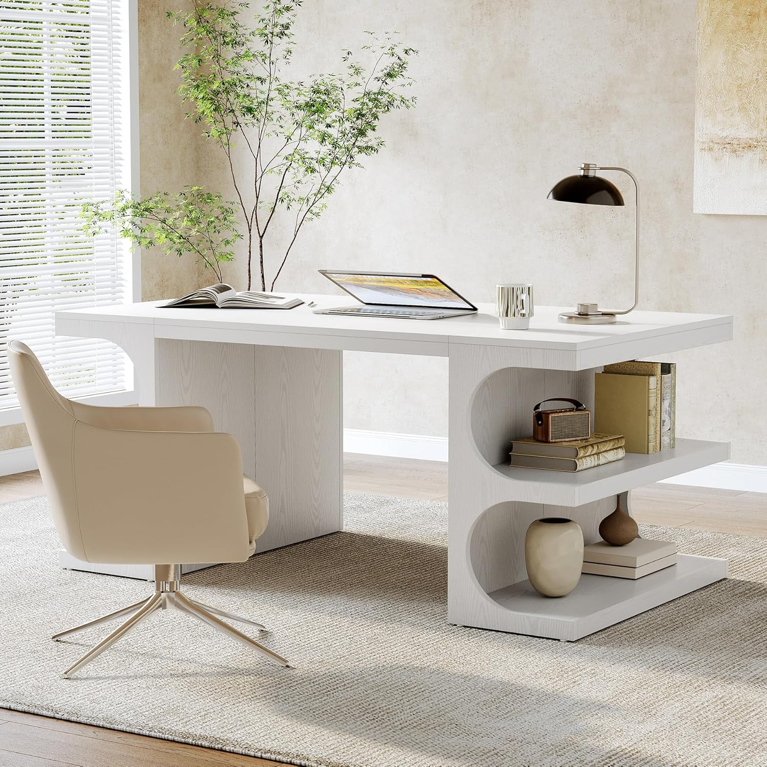 LITTLE TREE 62.2-Inch Executive Desk, Modern Home Office Desks, Office Table with Storage Shelves for Workspace, Large Computer Desk, Long Contemporary Writing Desk, White