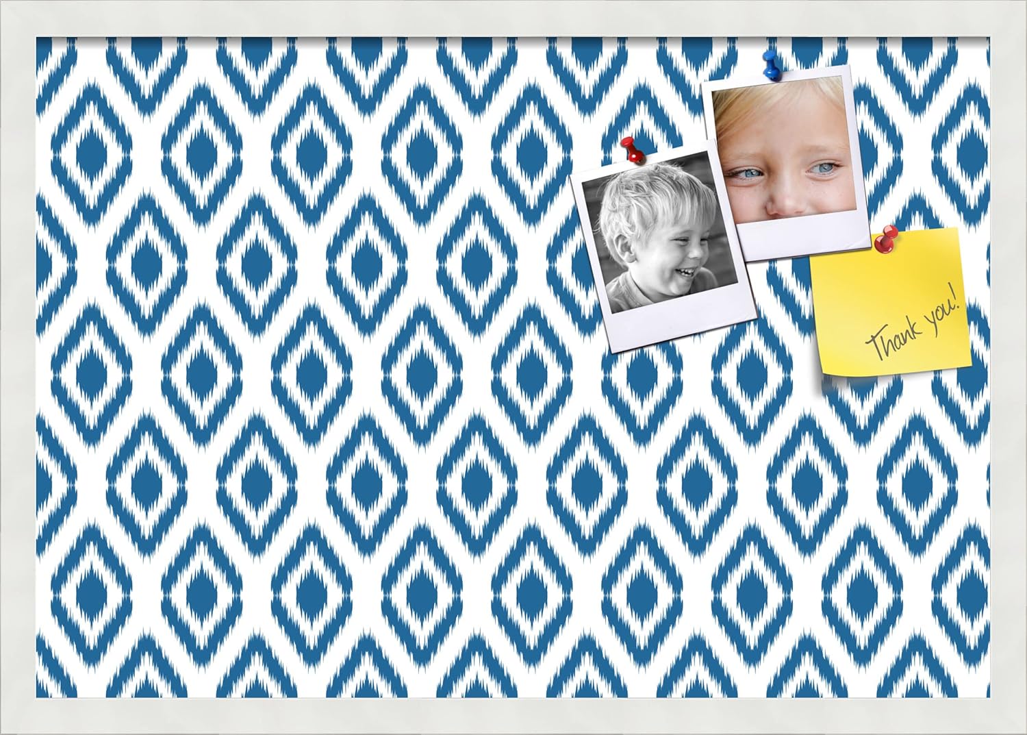 PinPix 26x18 inch Cork Bulletin Board. This Decorative Framed Pin Board Comes with Ikat Navy Design and Satin White Frame. Ideal for Home, Office Decor or School (PinPix-1634)