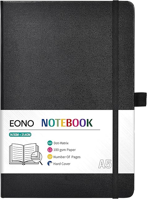 Amazon Brand - Eono Dotted Notebook, Notebook A5 with Premium Paper, Faux Leather Classic Writing A5 Notebook Journal, 5.4" X 8.3", Inner Pocket, Black