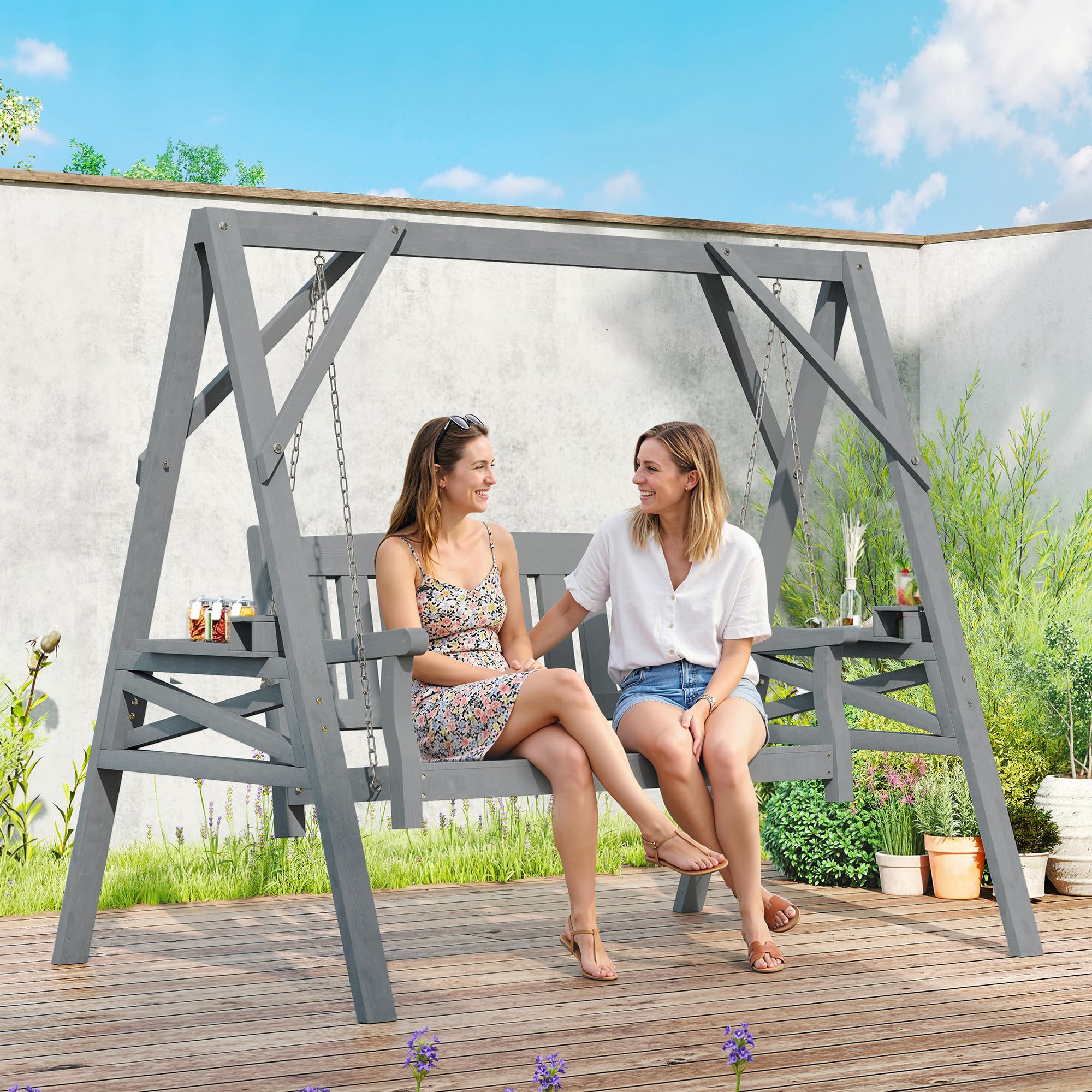 Outsunny Hollywoodschaukel, 2-Sitzer Gartenschaukel aus Holz, Holzschaukel mit Ablagen, Schaukelbank bis 250kg belastbar, für Garten, Terrasse, 183 x 120 x 160cm, Grau
