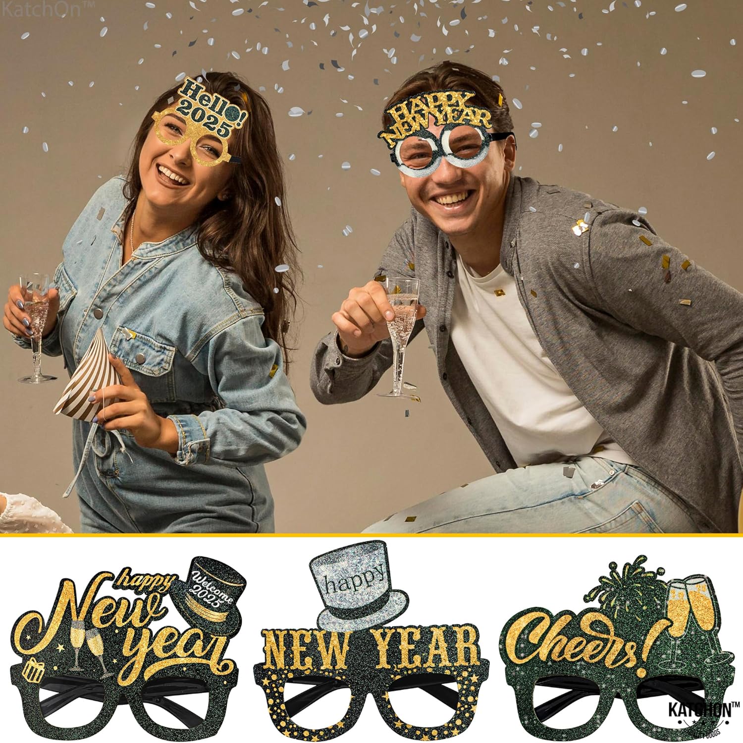 KatchOn, 2025 Glasses New Years Eve - Pack of 6 | New Years Eve Party Hats 2025 - Pack of 12 | Happy New Year Glasses 2025 for Happy New Years Decorations 2025 | New Years Hats, New Years Decorations