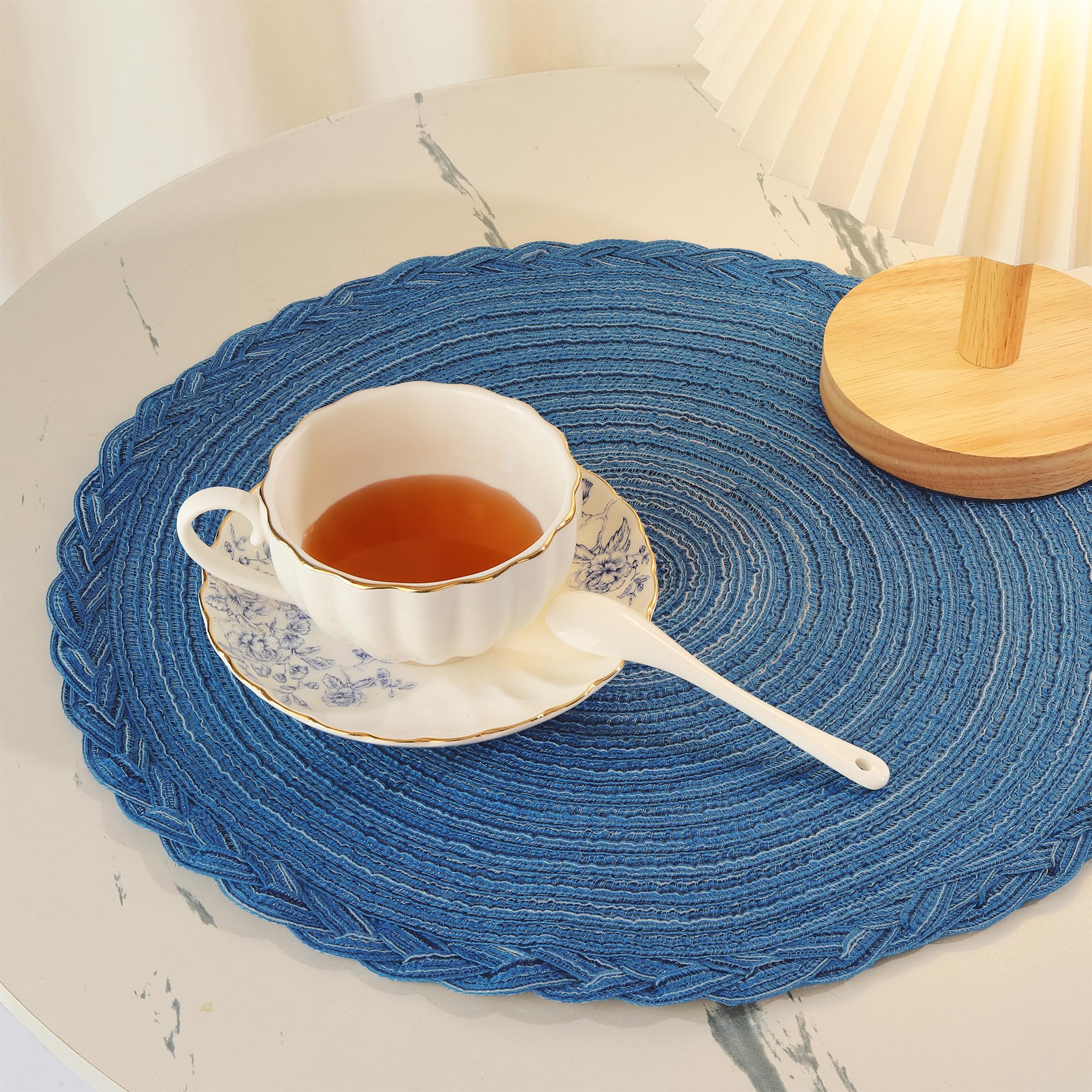 fanquare Blue Round Christmas Placemats Set of 4, 38 cm Cotton Braide Heat Resistant Modern Place Mats - Image 4