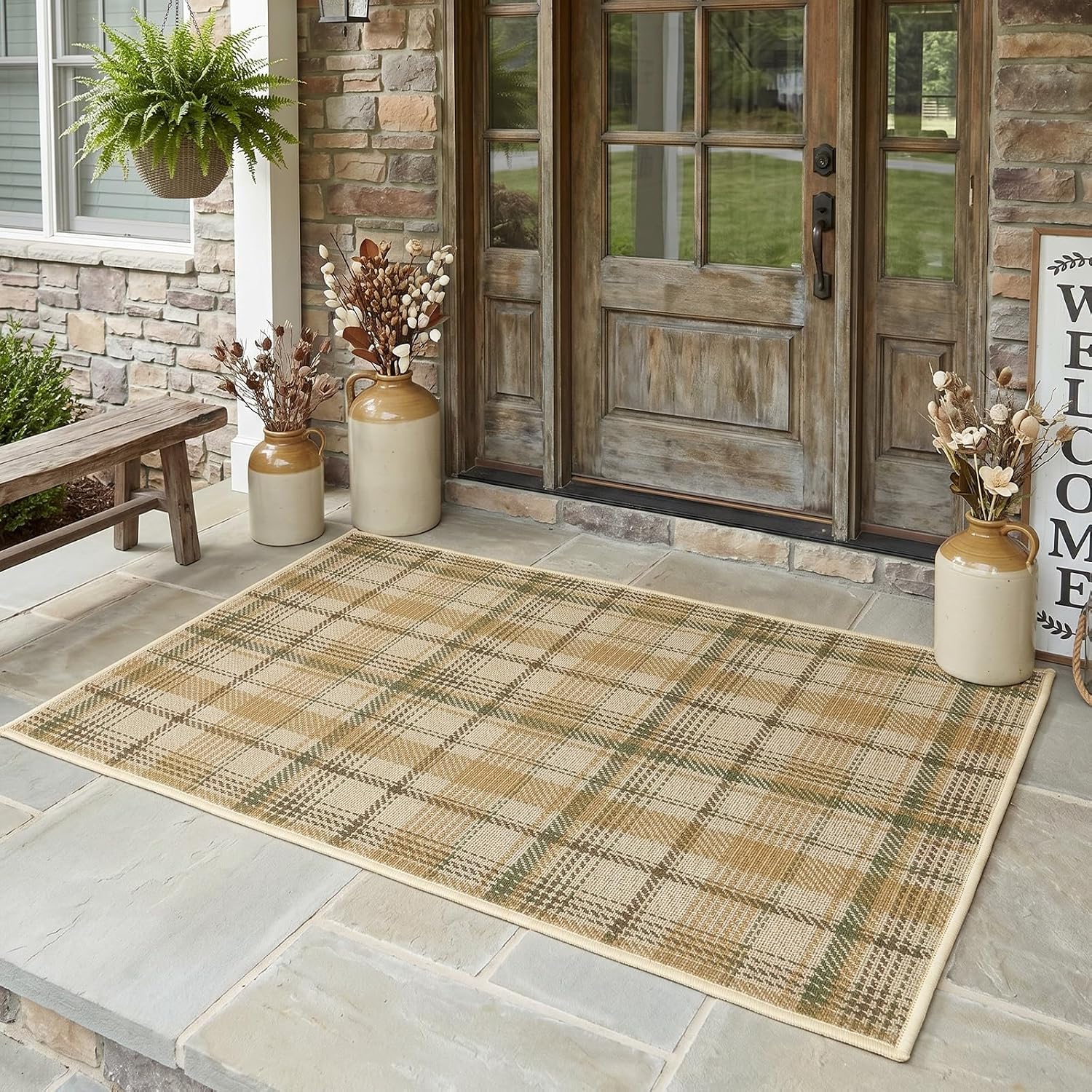 Sage Green Plaid Layering Rug for Front Porch, Khaki and Brown Checkered Door Mat Outside Entrance, Plaid Outdoor Layering Rug for Indoor Entryway Kitchen Patio Decor (27.5"x 43")