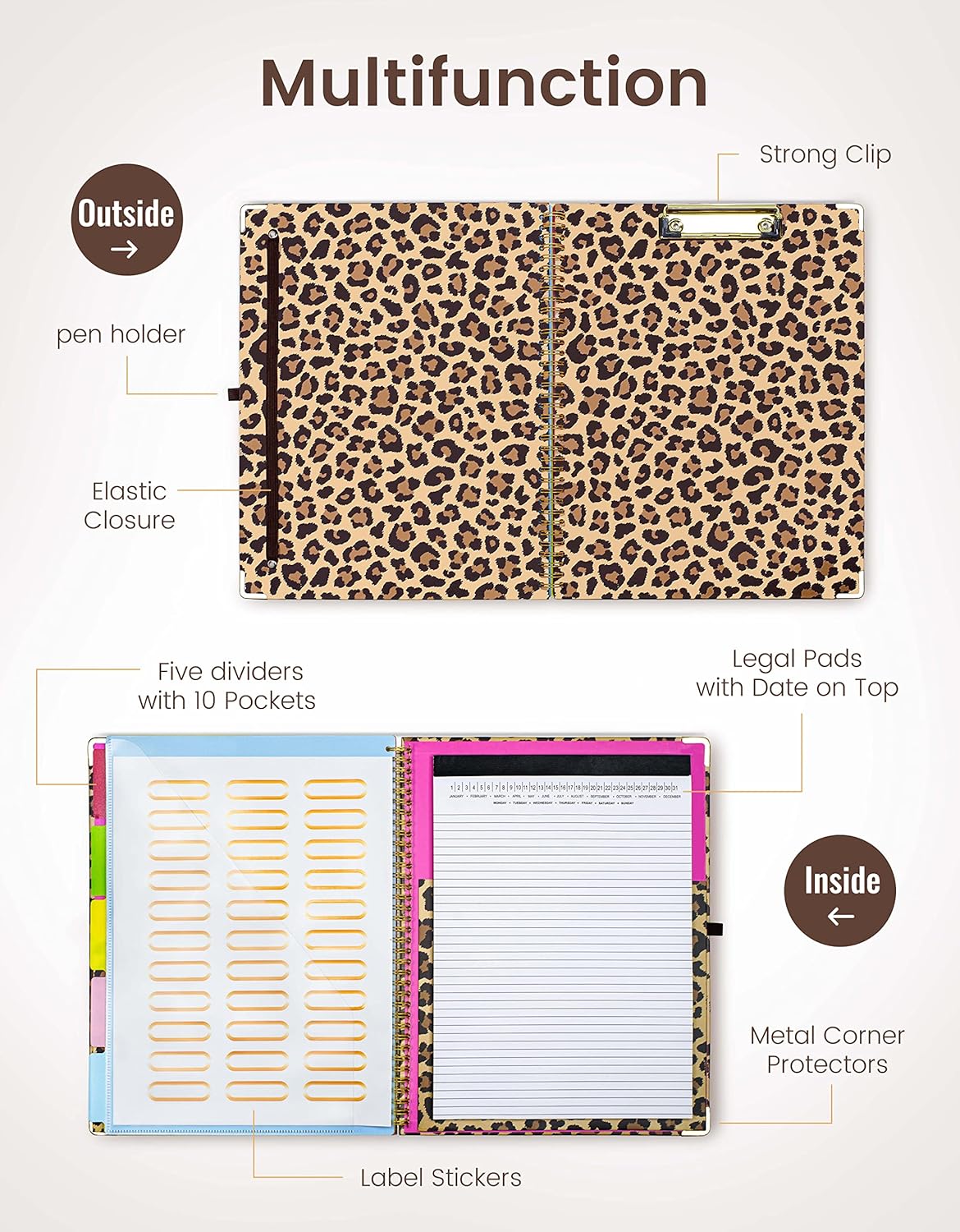 Mymazn Clipboard with Storage, Clipboards Folio with Refillable 11"x8.5" Legal Pads,5 Extra Folders with Storage 10 Pockets for Documents, Portfolio Binder with Pen Holder for Men Women (Leopard) - Image 3
