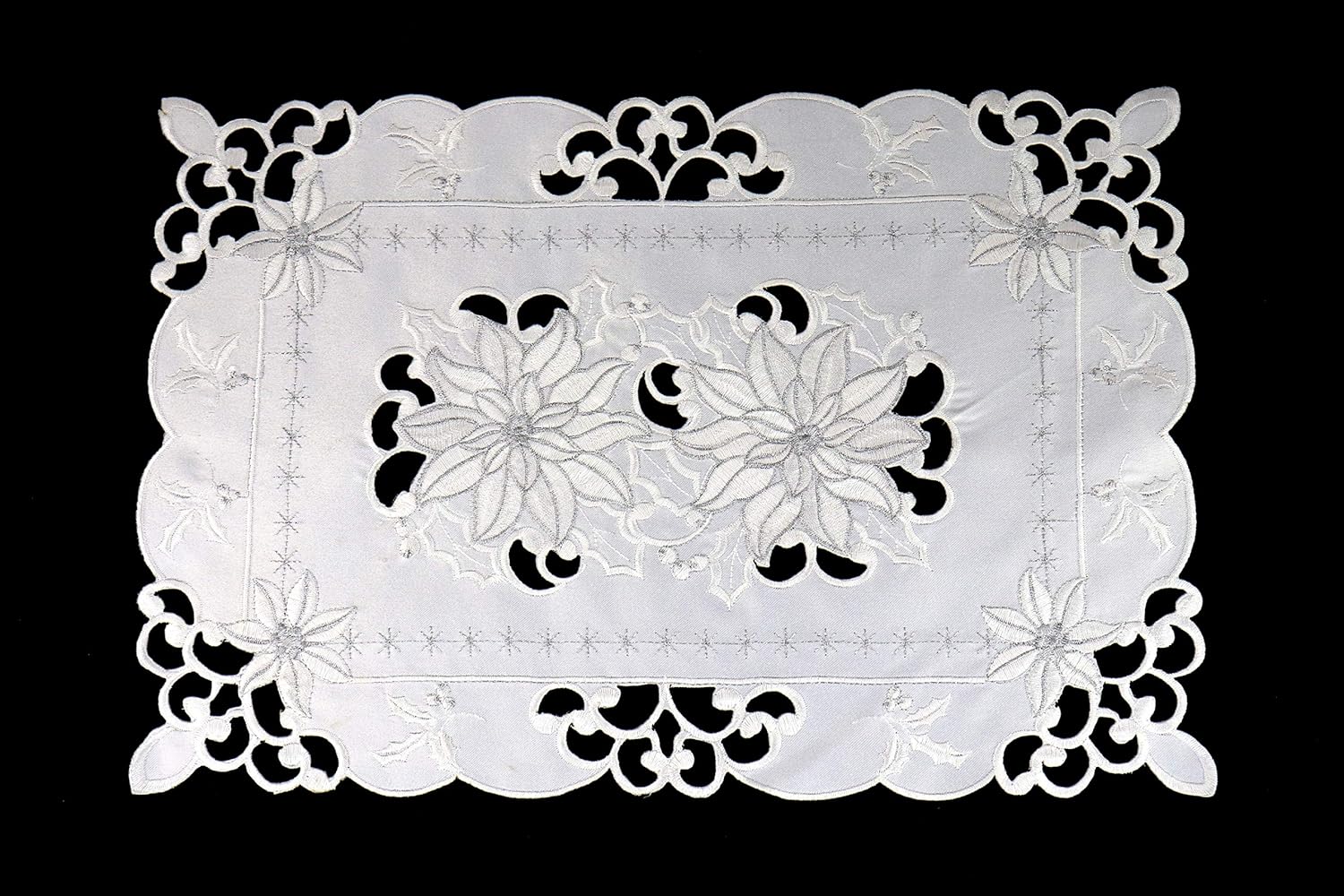 H & A Collection Marina Decoration Vintage Elegant Embroidered Cutwork Kitchen Dining Table Placemats, Christmas Silver White Poinsettia, 12 x 18 Inch, Set of 4