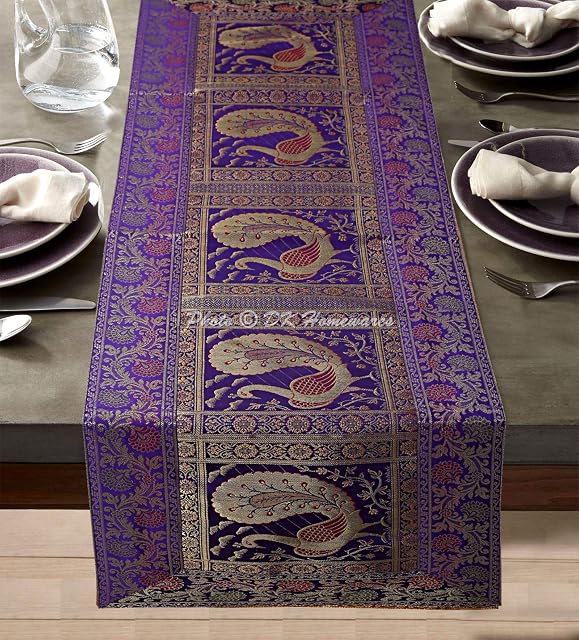 DK Homewares Traditional Decorative Brocade Table Runner 150 cm Long Bohemian Decoration For Party Purple And Gold Jacquard Peacock Floral Rectangle 5 Ft Home Decoration Table Cloth (40 x 150 cm)