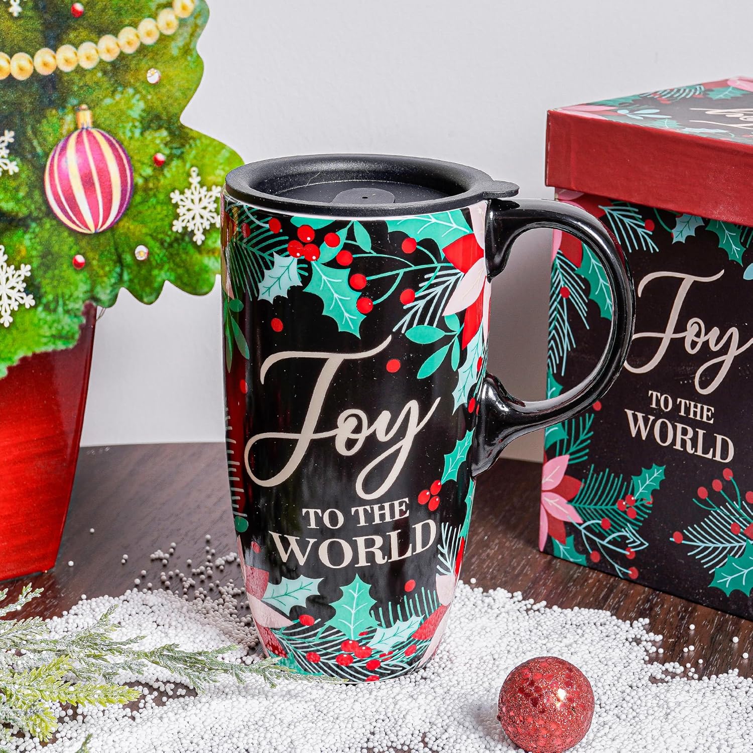 Topadorn Joy Christmas Ceramic Mug with Lid, 17oz Porcelain Coffee Cup in Gift Box for Holiday Tea & Latte - Image 9