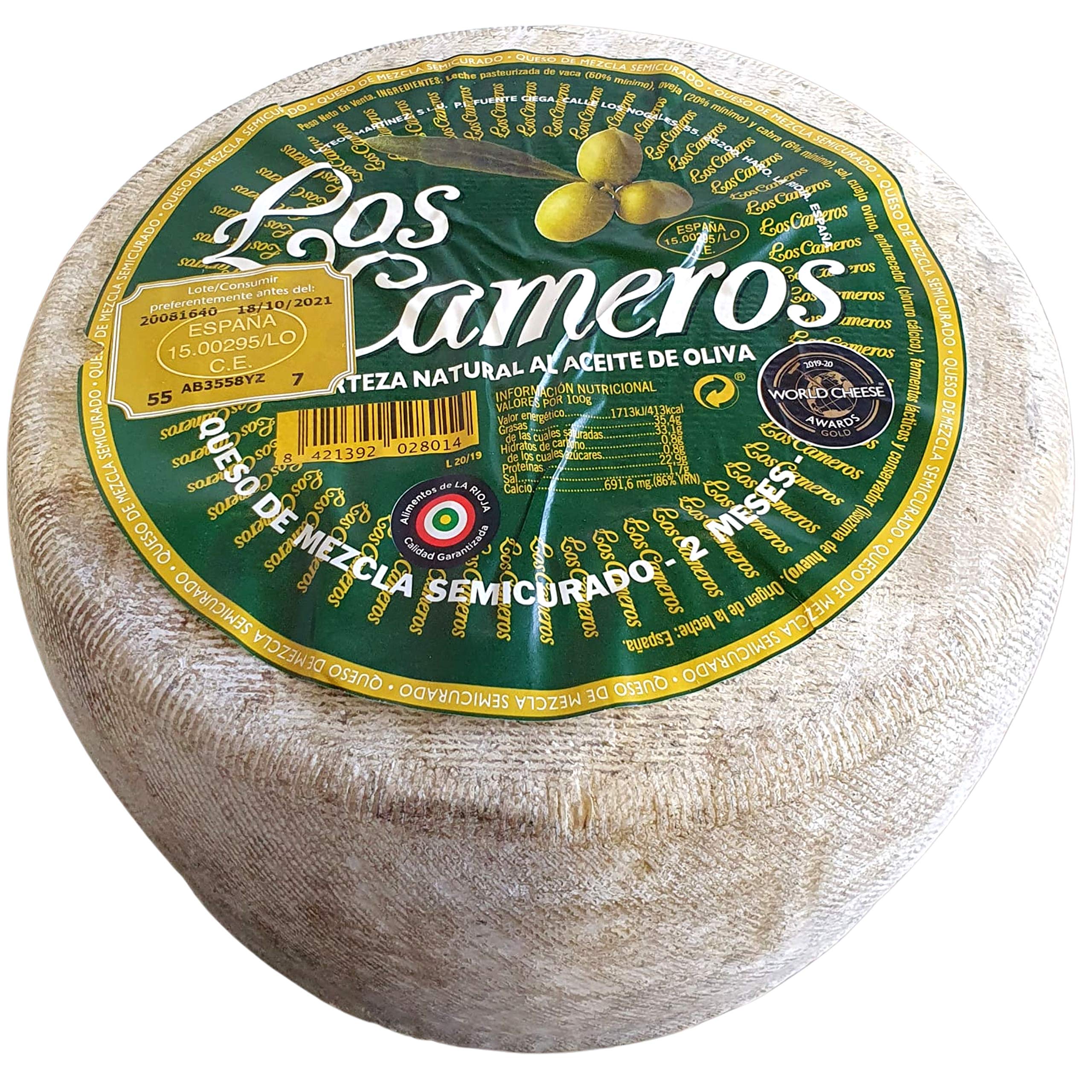Queso Semicurado Los Cameros Etiqueta Verde - Queso Mezcla - Medio Queso Peso Aproximado 1,7 Kilogramos - Elaborado con una mezcla de leche de vaca, de oveja y de cabra
