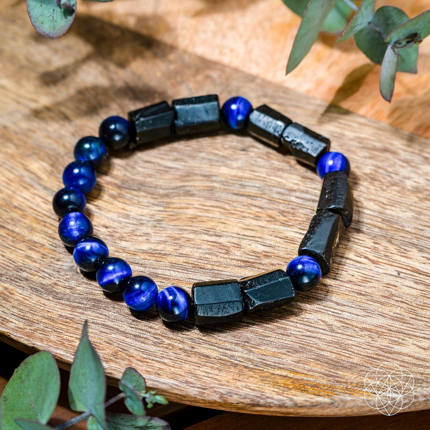 Conscious Items - Blue Tiger Eye & Black Tourmaline Bracelet - Stress Less Aura Protection - Tiger Eye & Black Tourmaline Men's & Women's Jewelry - Image 2