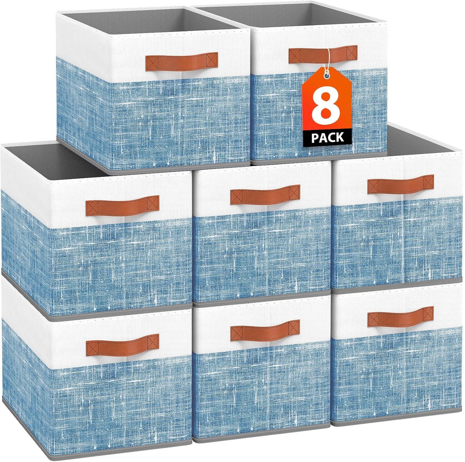Fab totes Collapsible Storage Baskets for Shelves,14"x10", 8 Pack Foldable Fabric Storage Bins with Double Leather Handles, Large Baskets for Organizing Books, Clothes, White & Blue