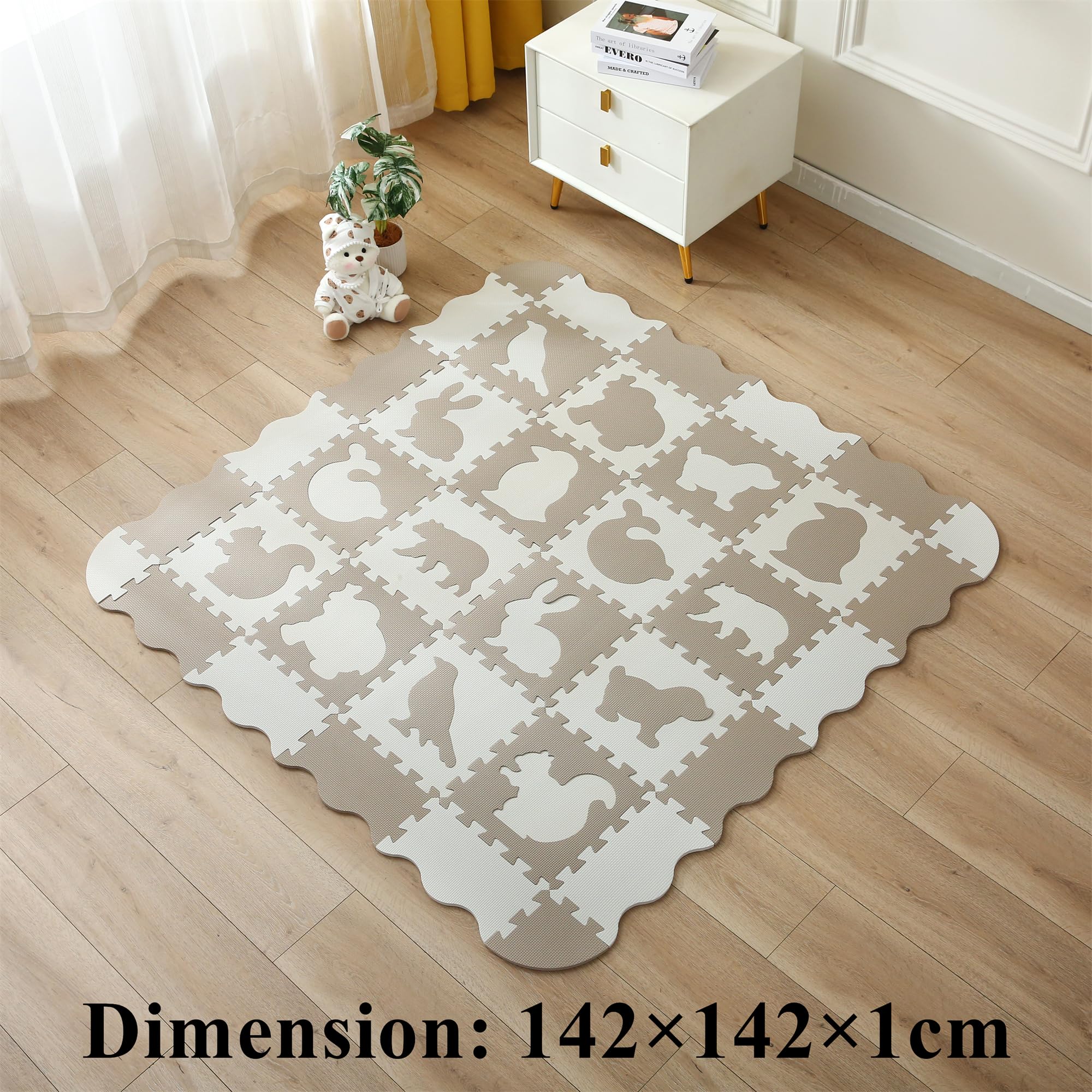 Kindermatte Puzzlematte Kind Play Mat for Floor Interlocking Eva Foam Puzzle Mat Krabbeldecke FüR Tiermuster drucken Krabbelmatte rutschfest 142×142×1cm, Tannfarbe Modell 10