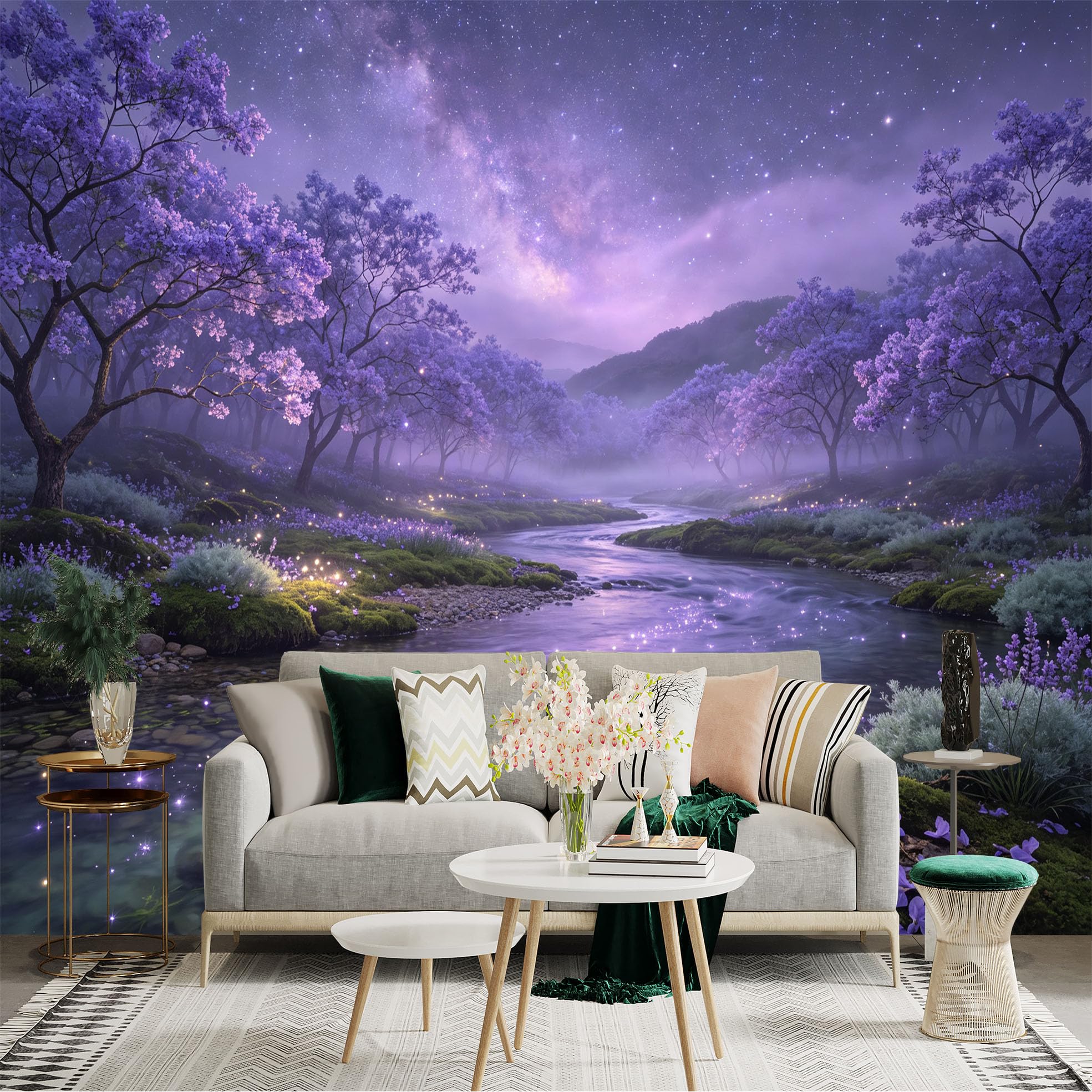 Lnzczhyre Bh260719479 Custom Size Wall Sticker Mural， Enchanted Purple Forest， Glowing River And Milky Way， Dreamy Floral Landscape， For Wall Decoration， Peelandstick Wall Decals.