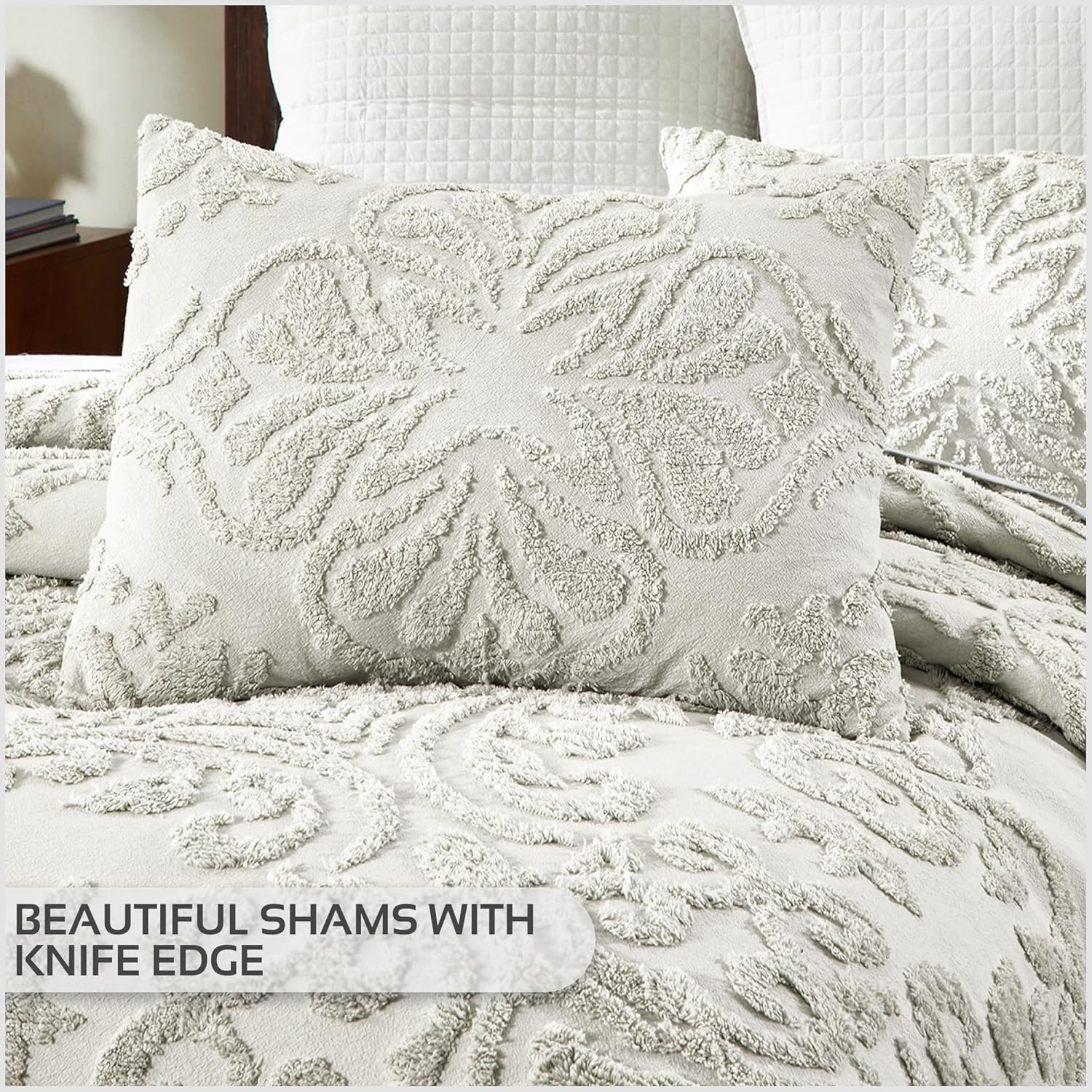 Better Trends Chenille Bedspreads King Size, Ivory 100% Cotton Chenille Floral Design Tufted Bedding Coverlet Soft Lightweight, 120"x110" with 2 Sham 3 Pieces Set Rylee Collection