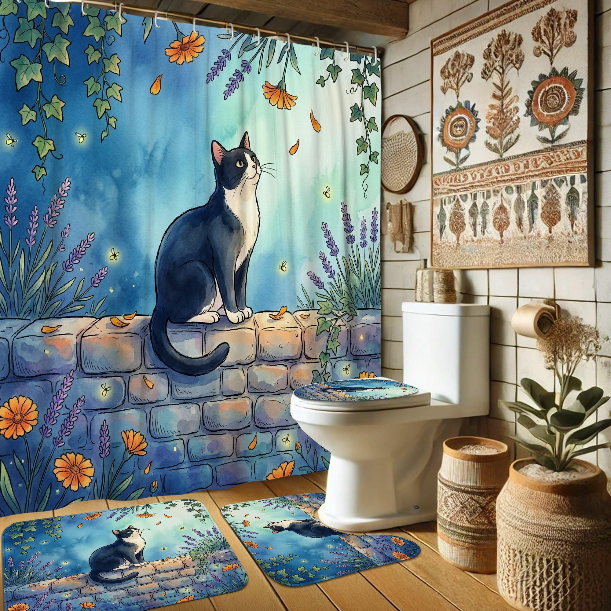 Rideau de douche chat bleu lavande 183x183 cm lavable avec crochets pour baignoire