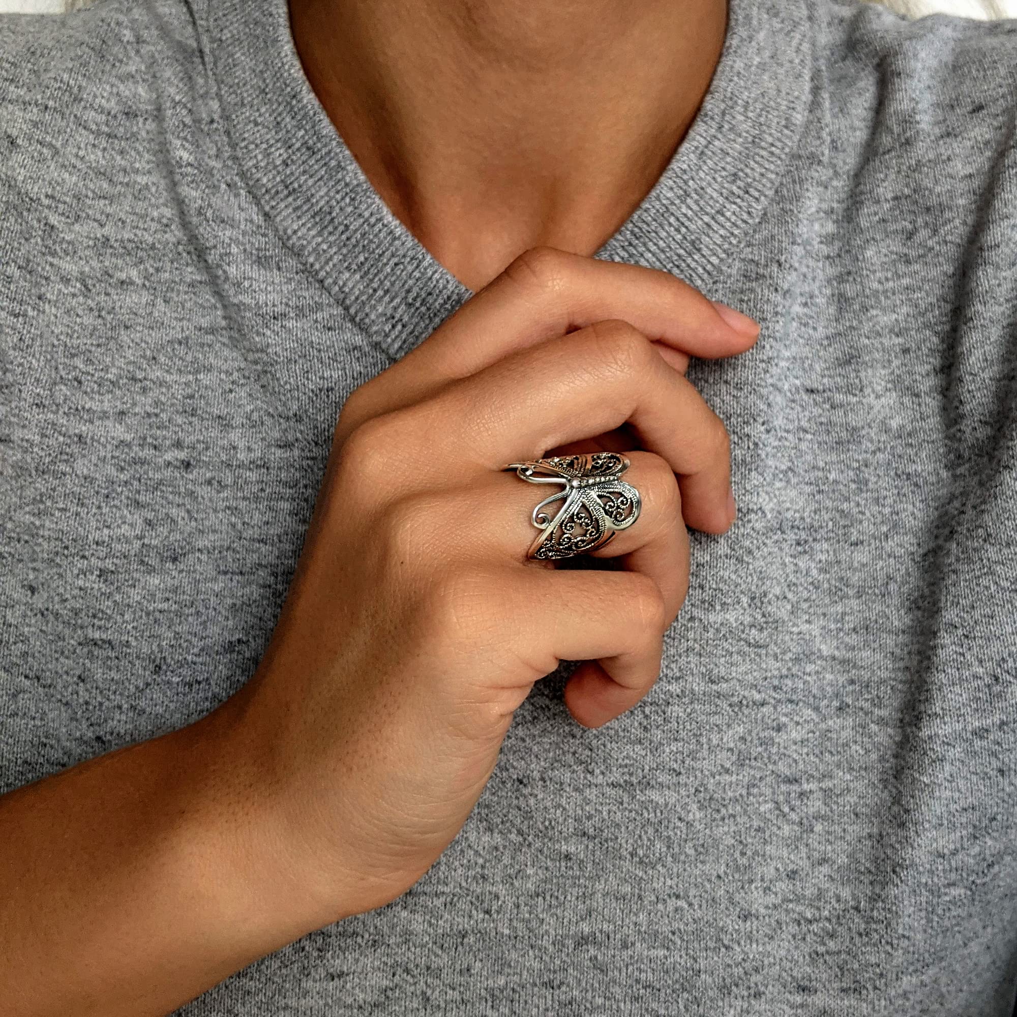 Silverly Anillo Ancho Plata de Ley Mariposa Filigrana | Anillos Plata 925 Pulgar Mujer | Joyas Dama Honor Estilo Vintage | Anillos Ornamentados Inspirados Naturaleza Ella | Regalo Hija