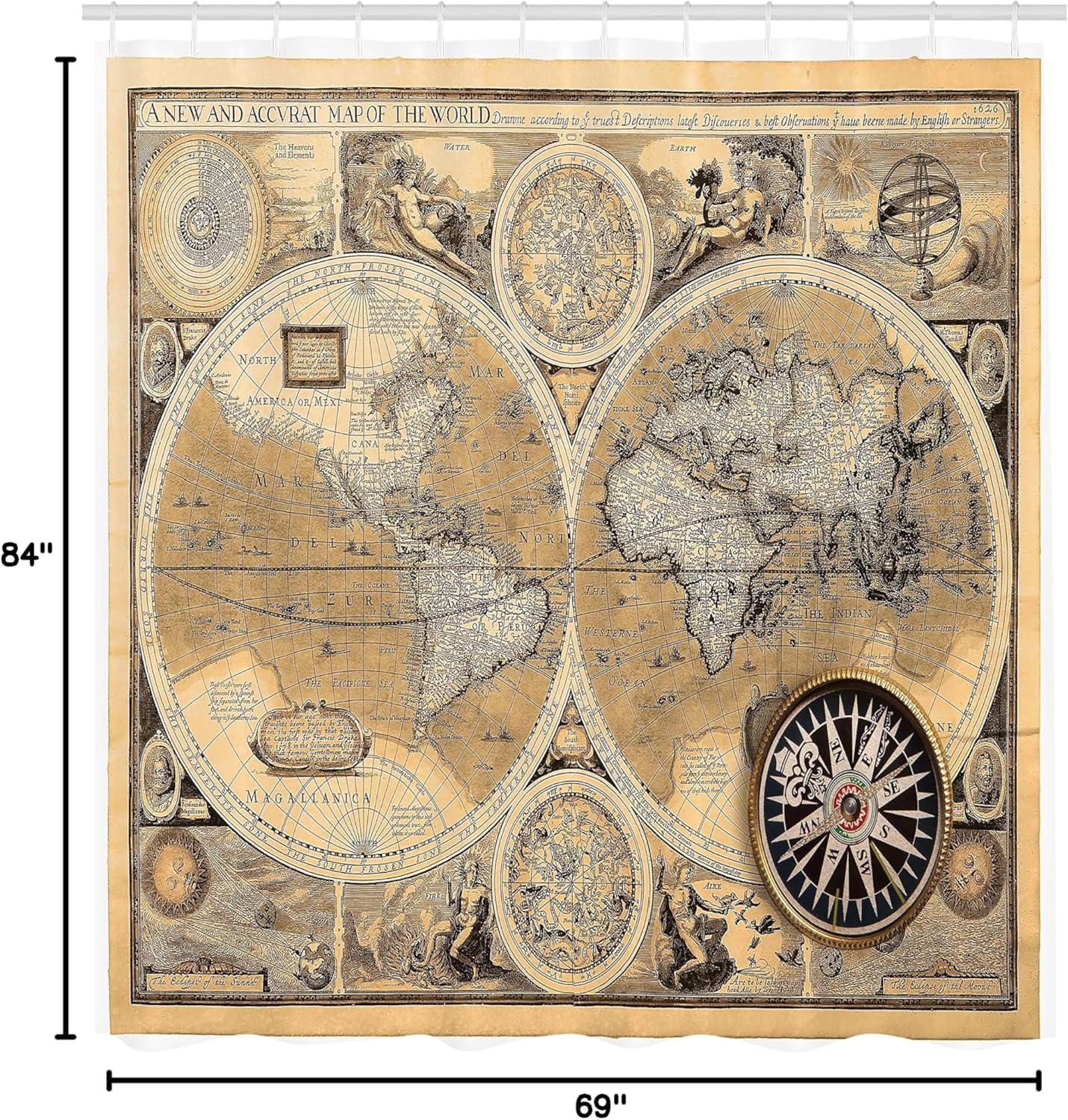 Ambesonne Map Print Shower Curtain, Old & Accurate World Map 1626, Cloth Fabric Bathroom Decor Set with Hooks, 69" W x 84" L, Pale Brown & Black