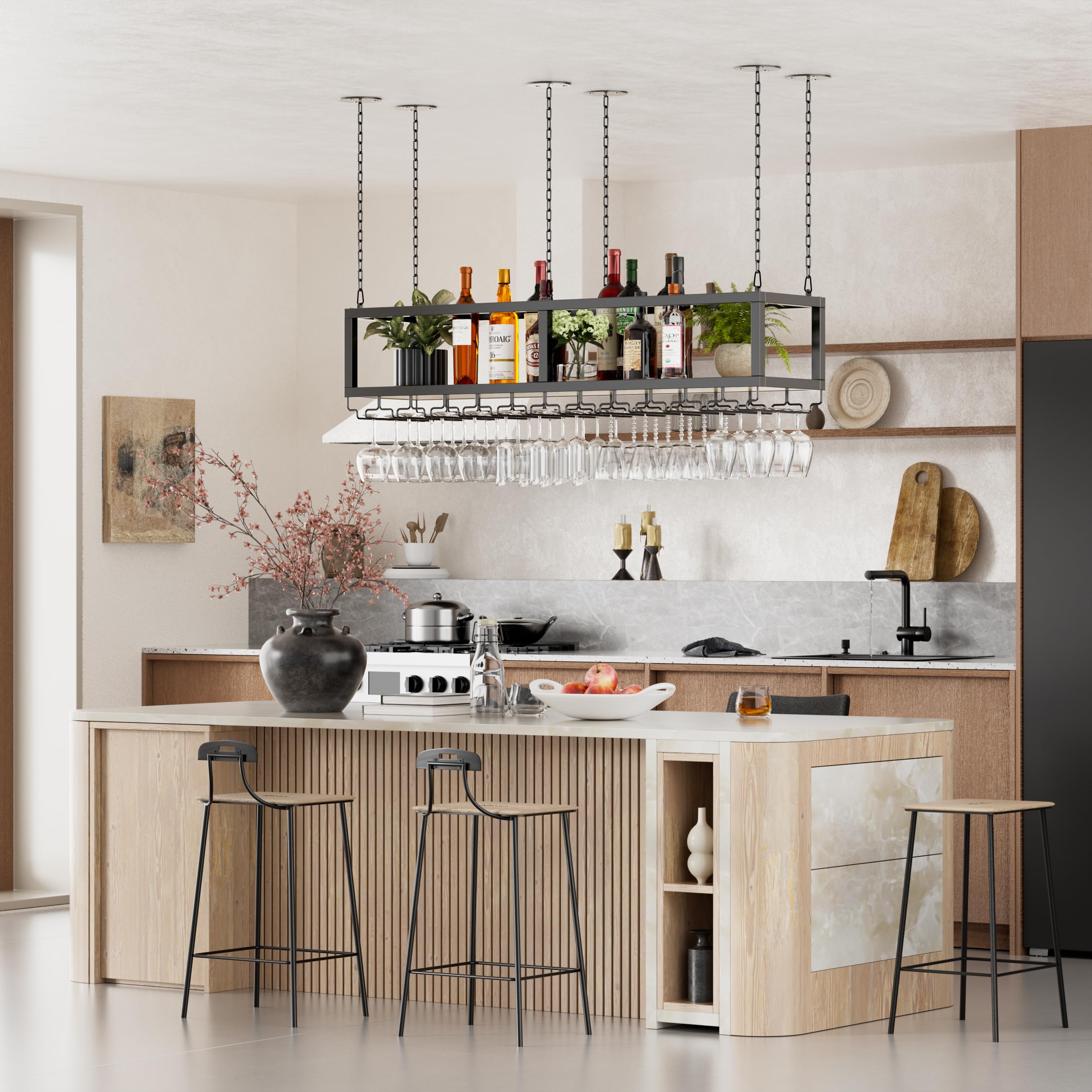 MSFE Portabottiglie da Soffitto Industriale Mensola da Soffitto Porta Bicchiere da Vino Sospeso Regolabile in Altezza Espositore Portabottiglie per Cucina Bar Caffetteria (120CM)