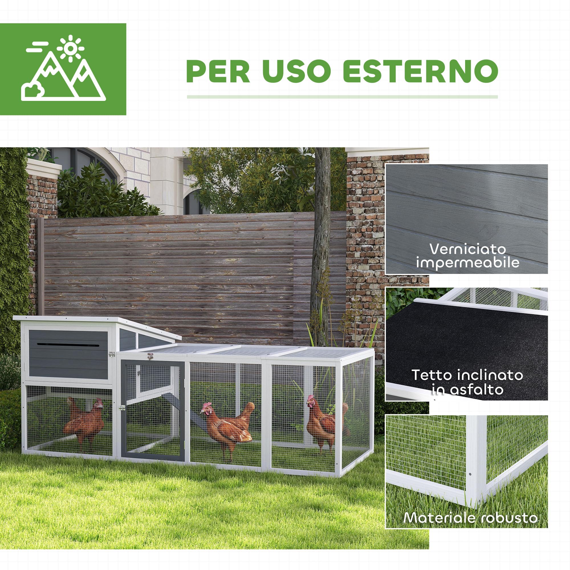 PawHut Pollaio per Galline Ovaiole Esterno con Casetta, Nido per Cova, Tetto Impermeabile Apribile, Vassoio Estraibile, Porte, Gabbia Recinto per 2-4 Galline Conigli in Legno, 214x101x91.5cm, Grigio