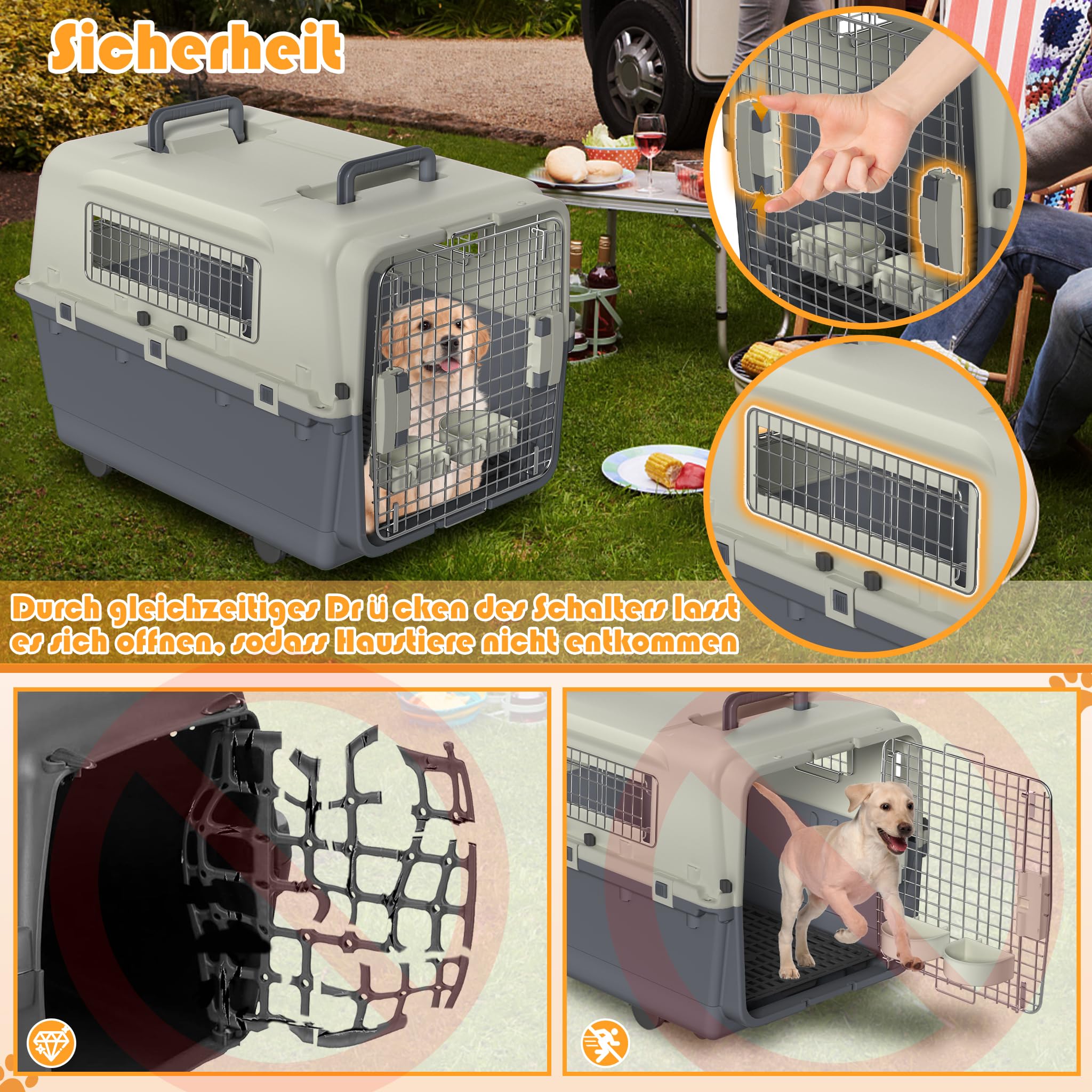 FIVMEN Caja de transporte para perros, 80 x 57 x 70 cm, con ruedas y ventanas de hierro, puertas, transportador de animales, avión, coche, viaje y transporte