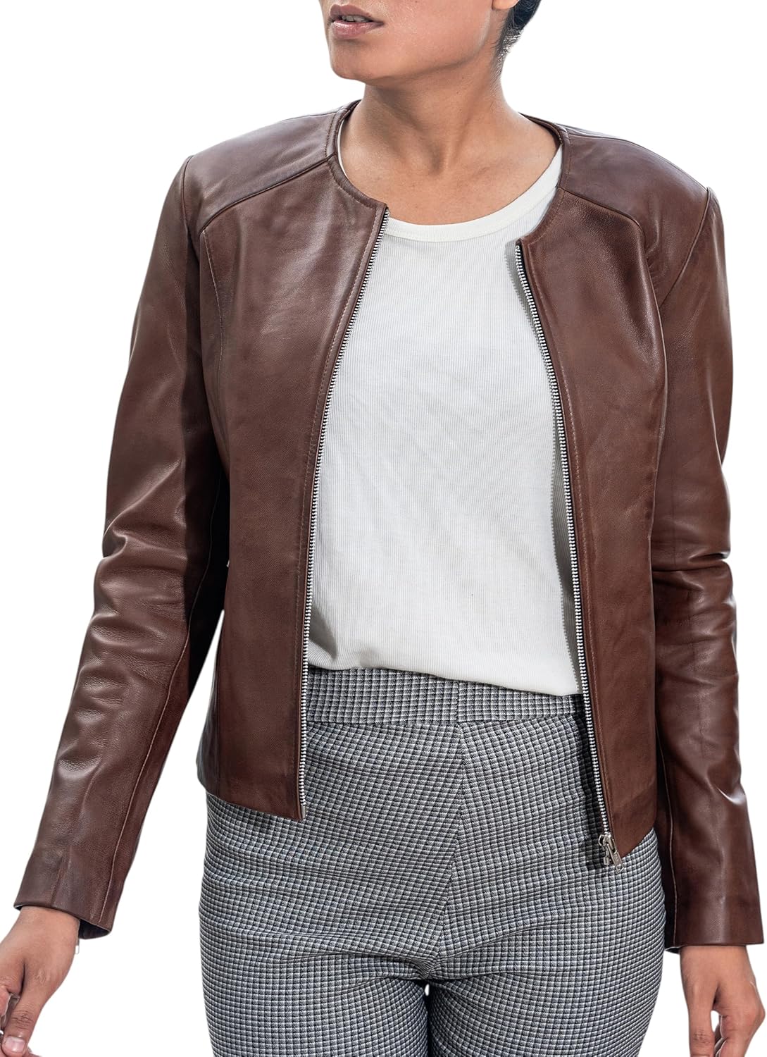 Jild Stylish Collarless Leather Jacket Women – Slim Fit Elegant Style Womens Lightweight Lambskin Leather Jacket