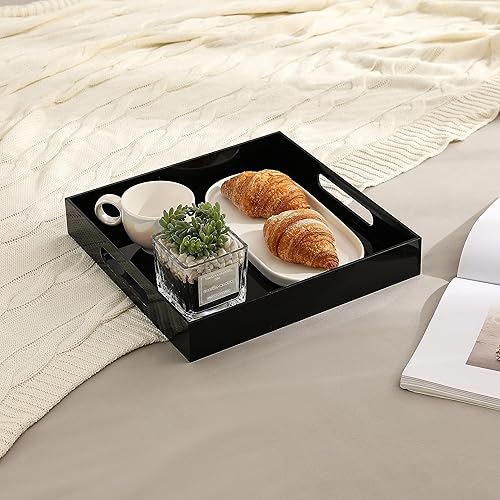 Miniatura 5 de Bandeja de acrílico resistente de color blanco brillante con asas, 12 x 12 pulgadas, para servir café, aperitivo, desayuno, mayordomo, bandeja para