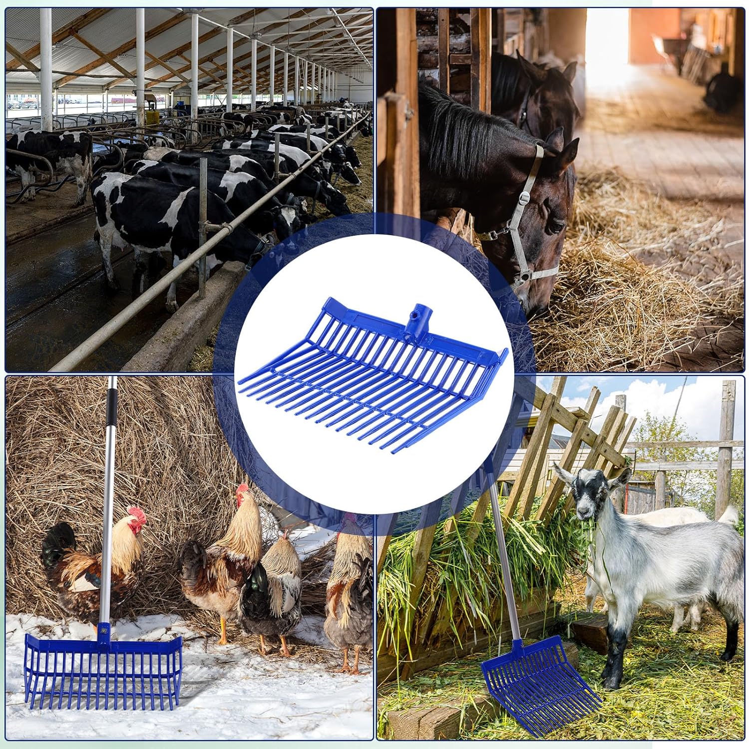 Lasnten 6 Pcs Manure Fork Head Bulk 18 Tines Pitch Fork Replacement Head with Screws and Nuts Durable Stable ABS Plastic Pitchfork for Horse Stall Picking up Manure(Blue)