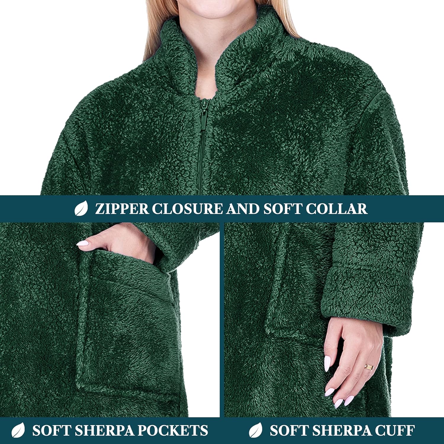 PAVILIA Womens Housecoat Zip Robe, Sherpa Zip Up Front Robe Bathrobe, Plush Warm Zipper House Coat Lounger, Pockets Fluffy - Image 5