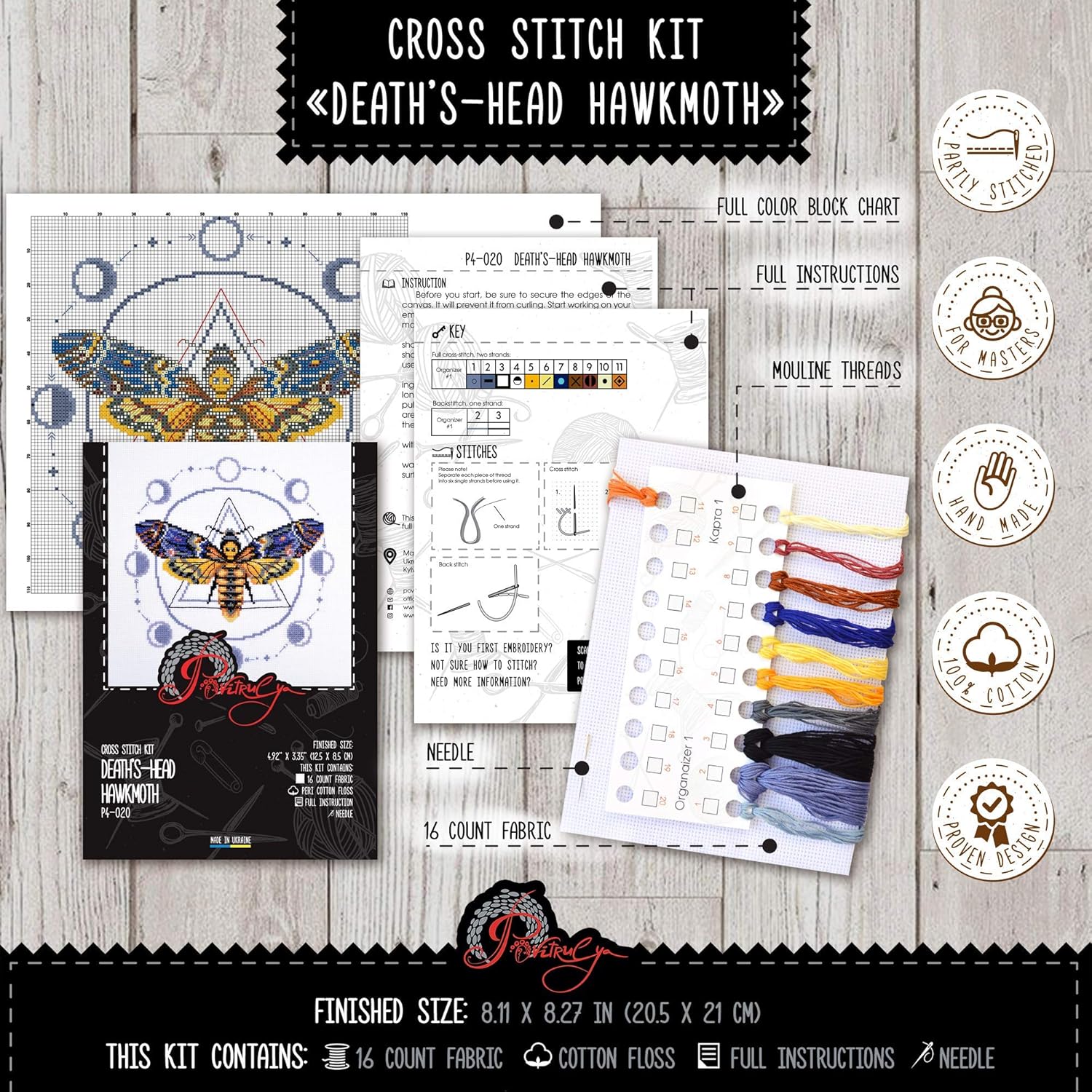 Povitrulya Set of Two Cross Stitch Kits with Spiritual Mystic Symbols Death Head Moth and Wheel of The Year