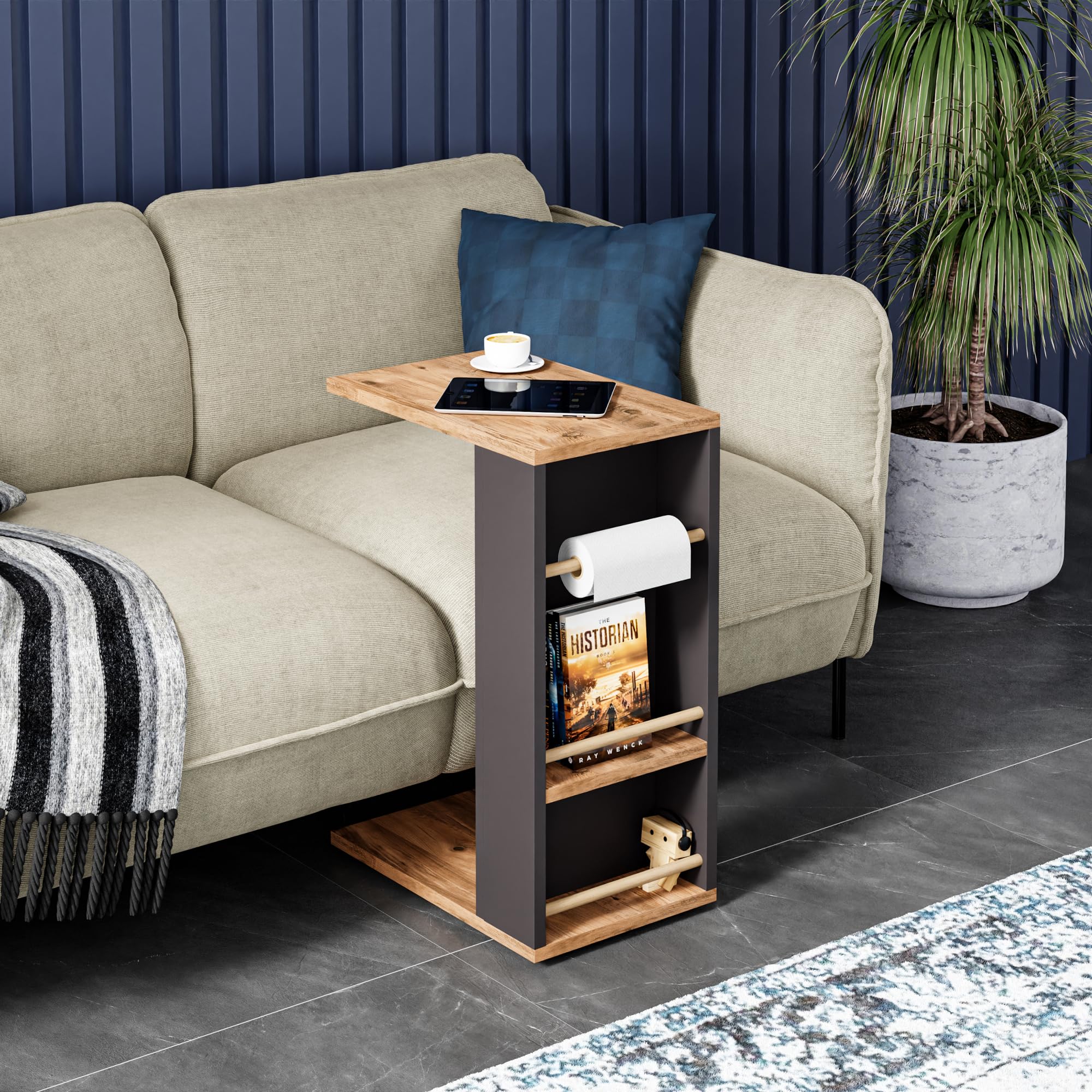 [en.casa] Tavolino Laterale da Divano Tavolino Basso a Forma di C Consolle a Rotelle e Scomparti con Barre Piano di Lavoro per Laptop 44 x 29 x 65 cm Effetto Legno/Nero