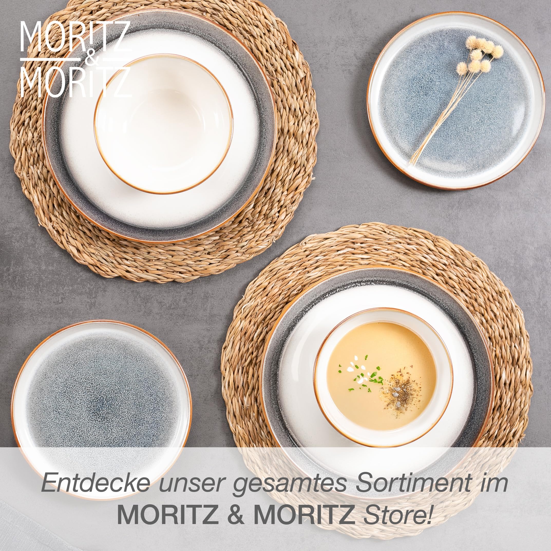 Moritz & Moritz TARENTO 48-tlg. Geschirrset 12 Personen Grau - Elegantes Teller Set aus hochwertigem Steinzeug - Geschirr Set aus 12x Dinnerteller, 12x Dessertteller, 12x Suppenteller & 12x Tassen